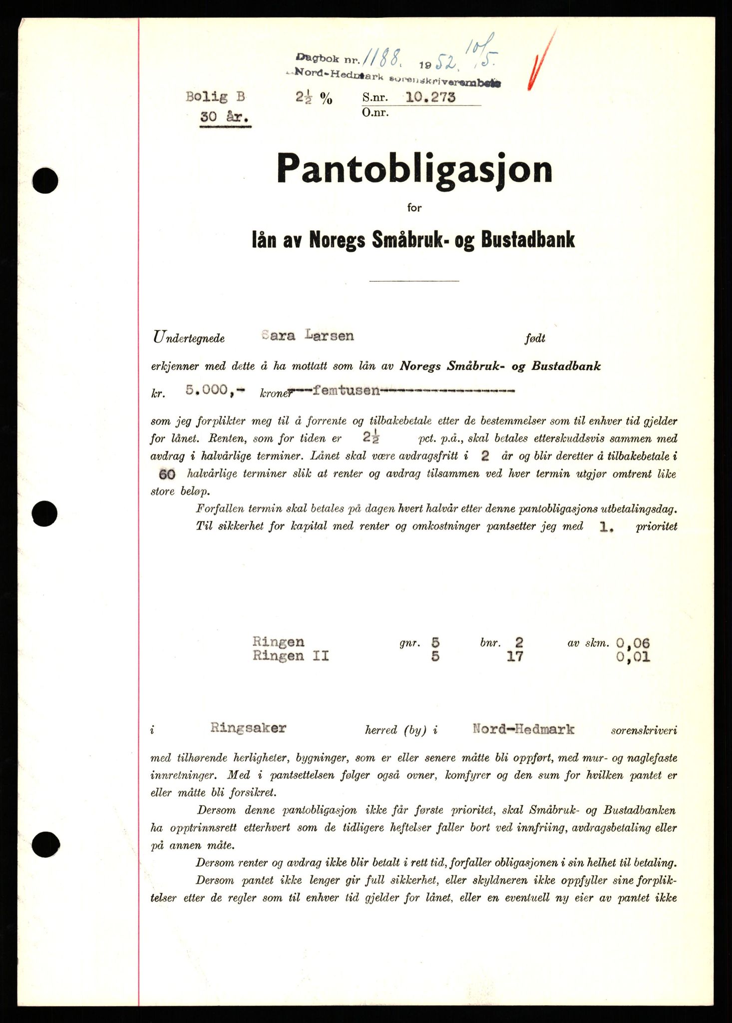 Nord-Hedmark sorenskriveri, SAH/TING-012/H/Hb/Hbf/L0025: Pantebok nr. B25, 1952-1952, Dagboknr: 1188/1952