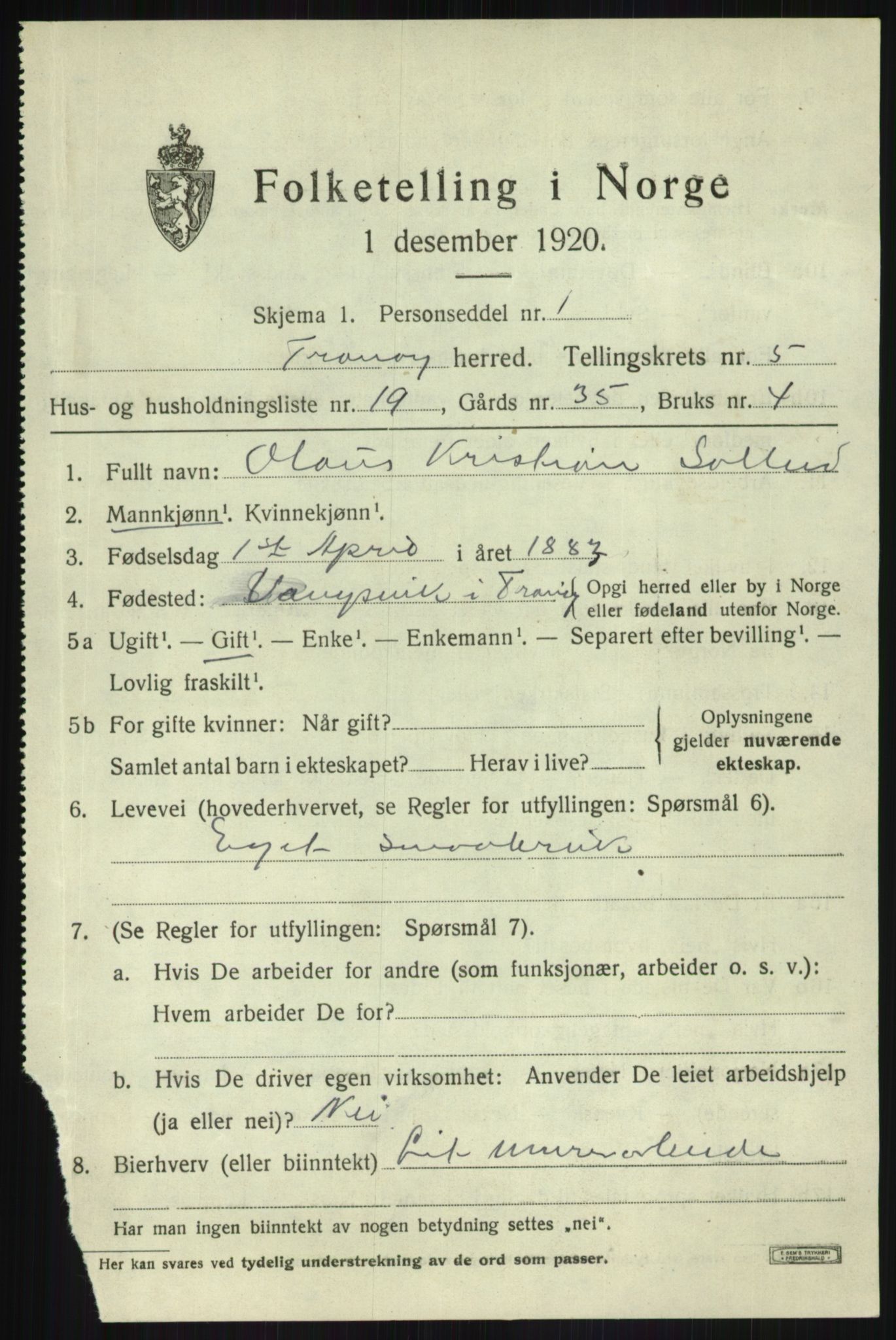 SATØ, Folketelling 1920 for 1927 Tranøy herred, 1920, s. 2591