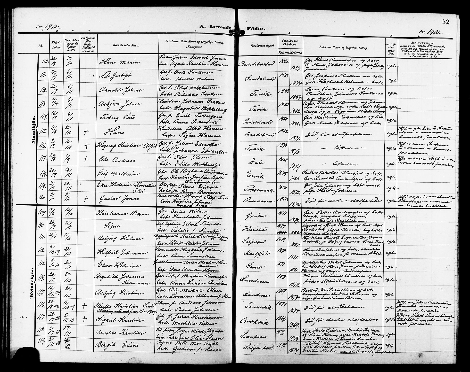 Trondenes sokneprestkontor, AV/SATØ-S-1319/H/Hb/L0012klokker: Klokkerbok nr. 12, 1907-1916, s. 52