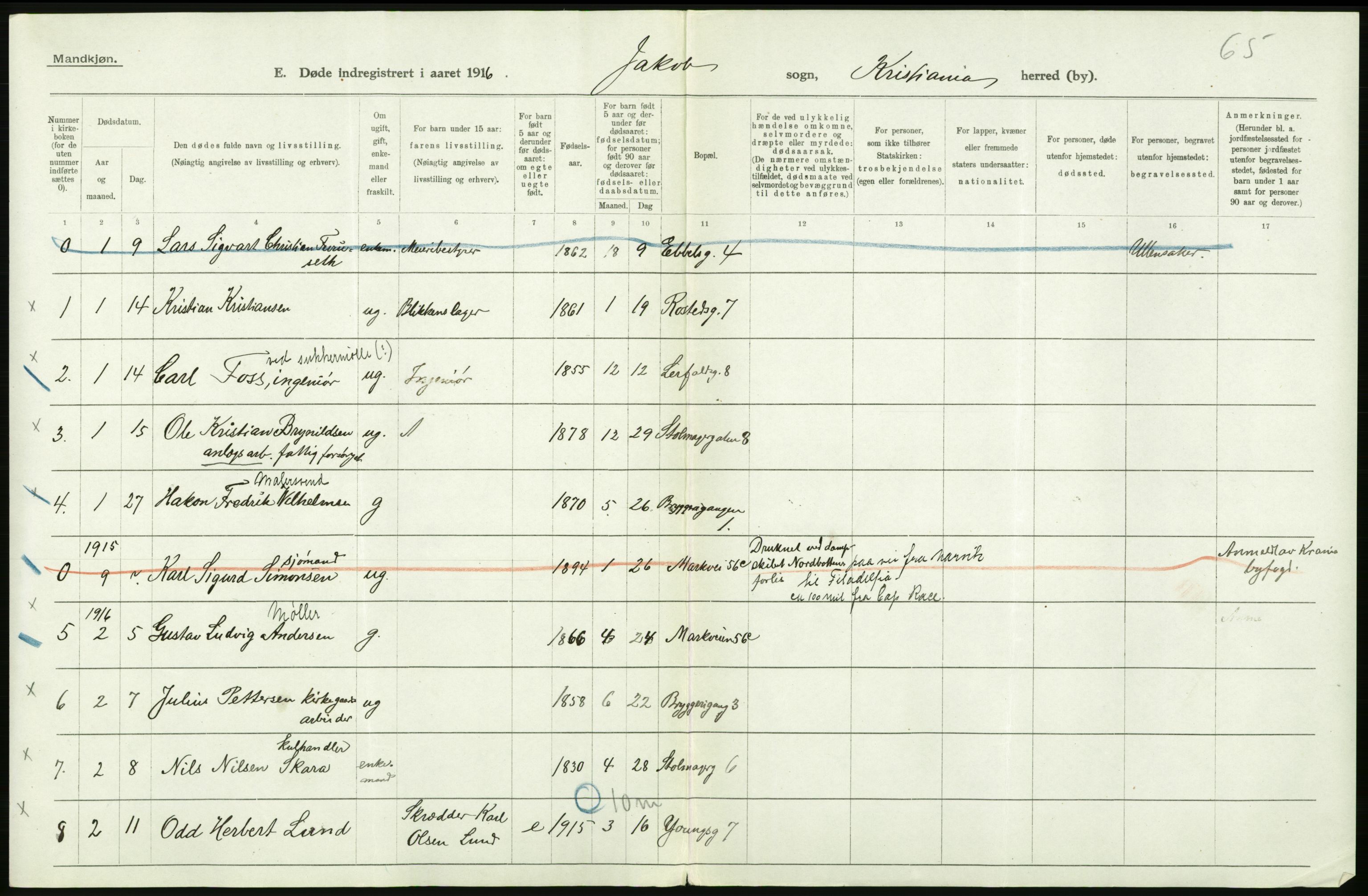 Statistisk sentralbyrå, Sosiodemografiske emner, Befolkning, AV/RA-S-2228/D/Df/Dfb/Dfbf/L0009: Kristiania: Døde., 1916, s. 302