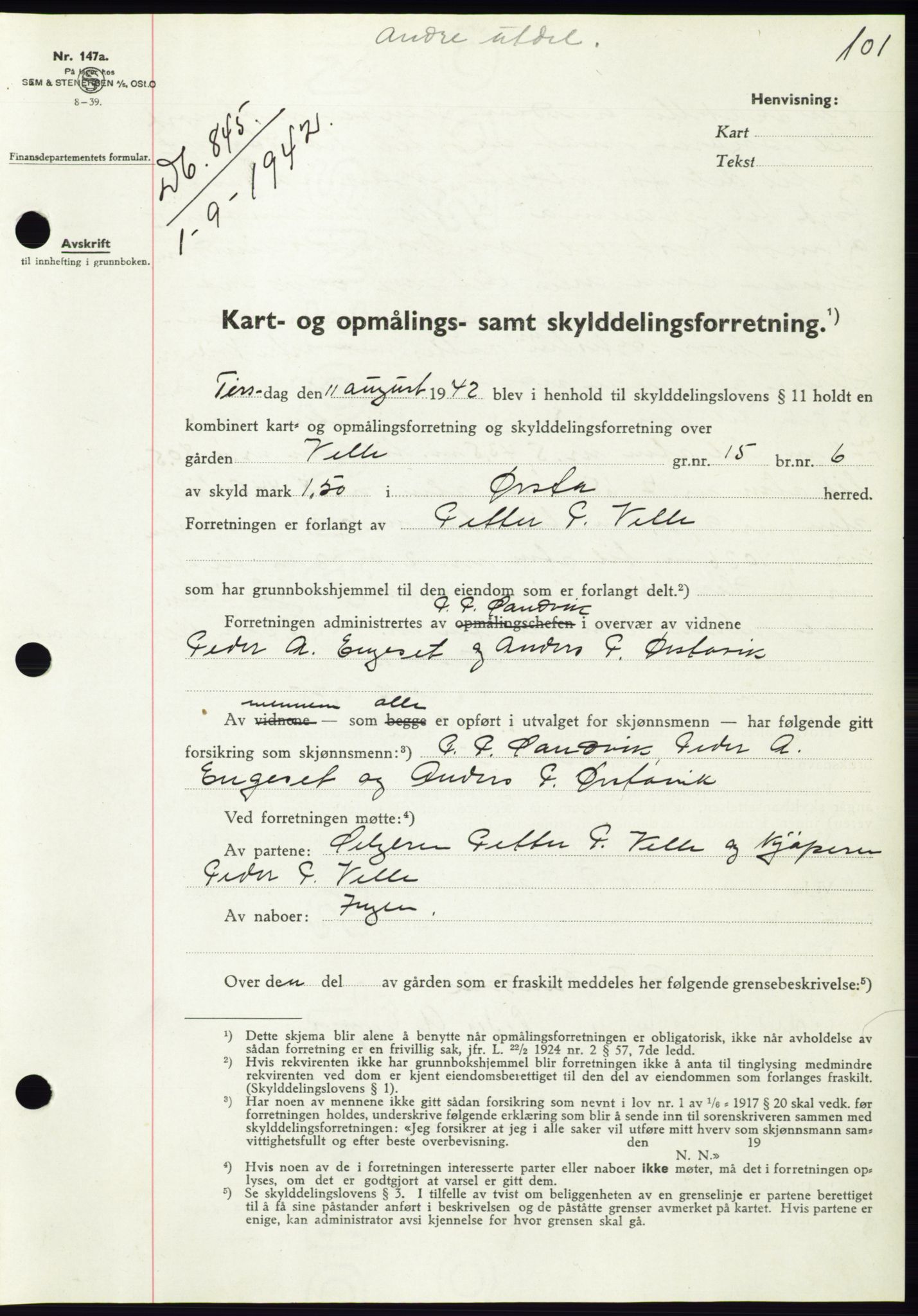 Søre Sunnmøre sorenskriveri, SAT/A-4122/1/2/2C/L0074: Pantebok nr. 68, 1942-1943, Dagboknr: 845/1942