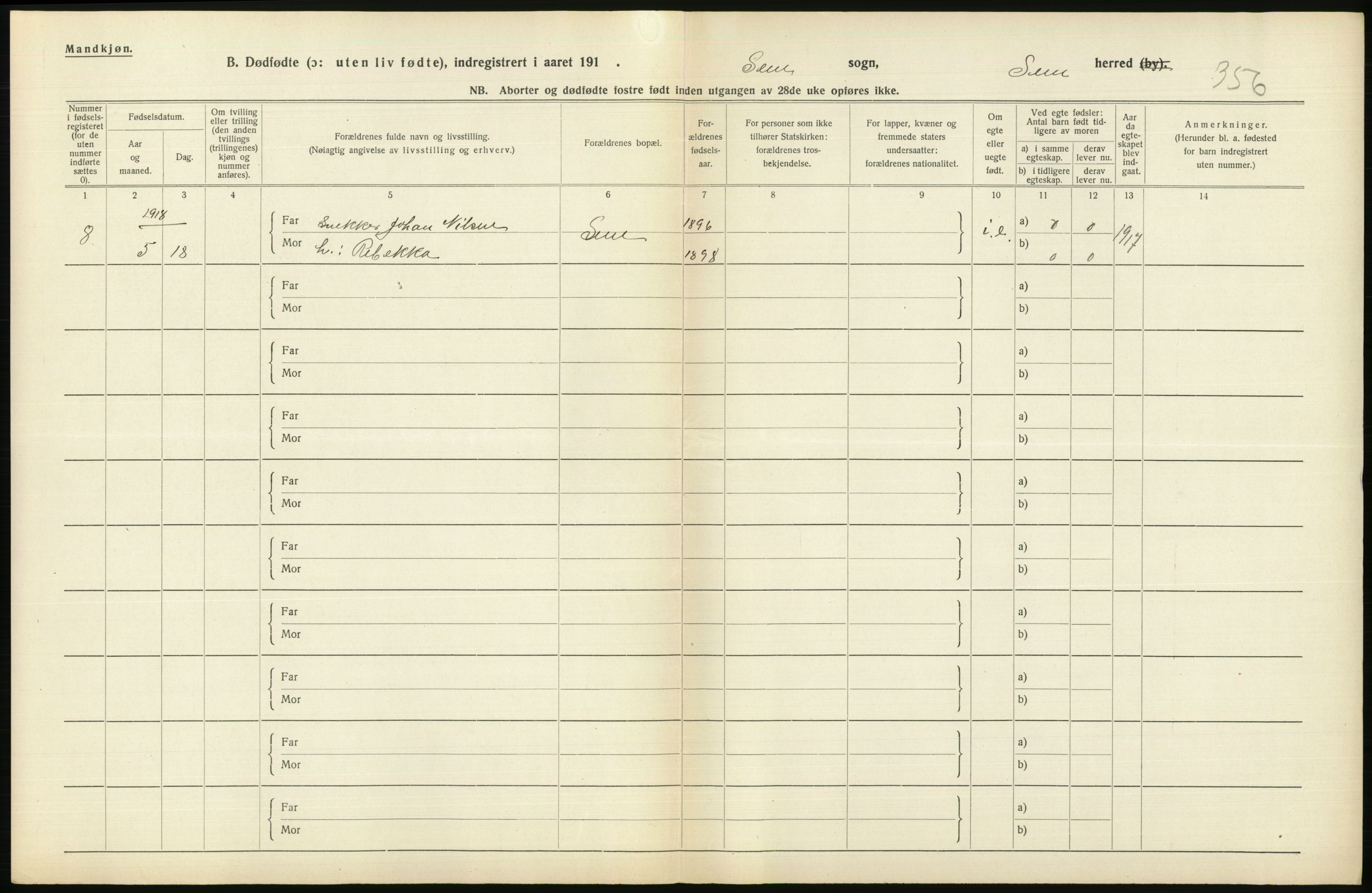 Statistisk sentralbyrå, Sosiodemografiske emner, Befolkning, RA/S-2228/D/Df/Dfb/Dfbh/L0022: Vestfold fylke: Gifte, dødfødte. Bygder og byer., 1918, s. 288