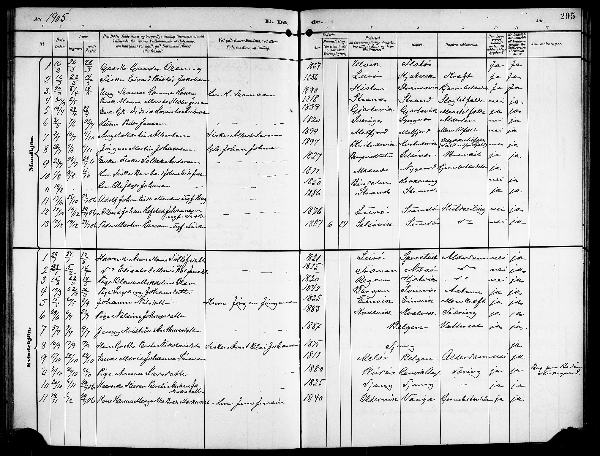 Ministerialprotokoller, klokkerbøker og fødselsregistre - Nordland, SAT/A-1459/841/L0621: Klokkerbok nr. 841C05, 1897-1923, s. 295