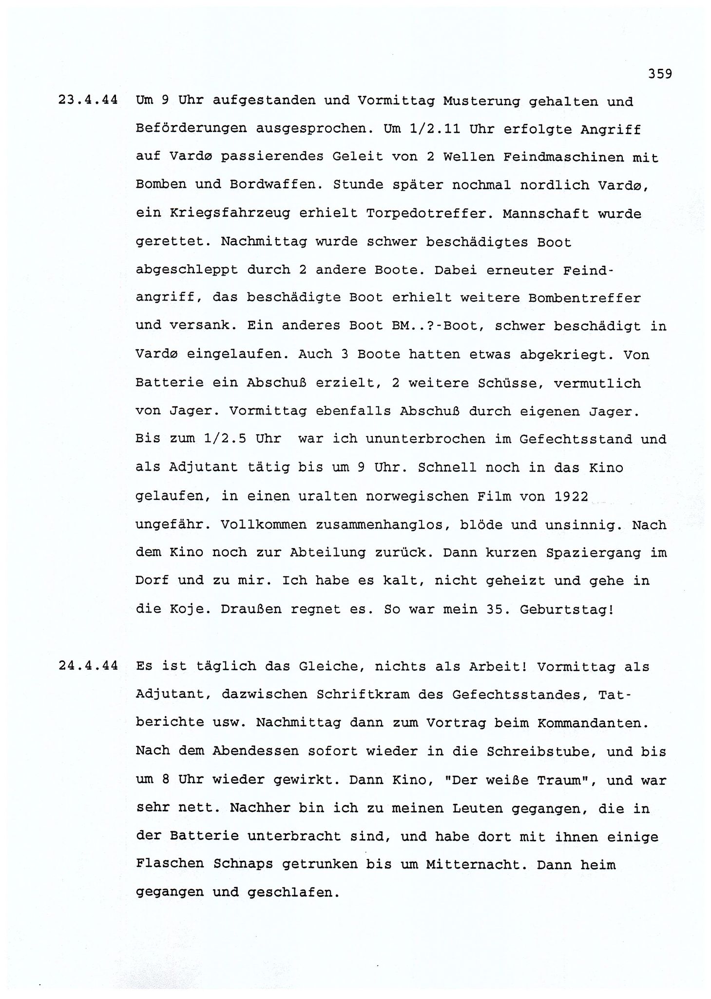 Dagbokopptegnelser av en tysk marineoffiser stasjonert i Norge , FMFB/A-1160/F/L0001: Dagbokopptegnelser av en tysk marineoffiser stasjonert i Norge, 1941-1944, s. 359