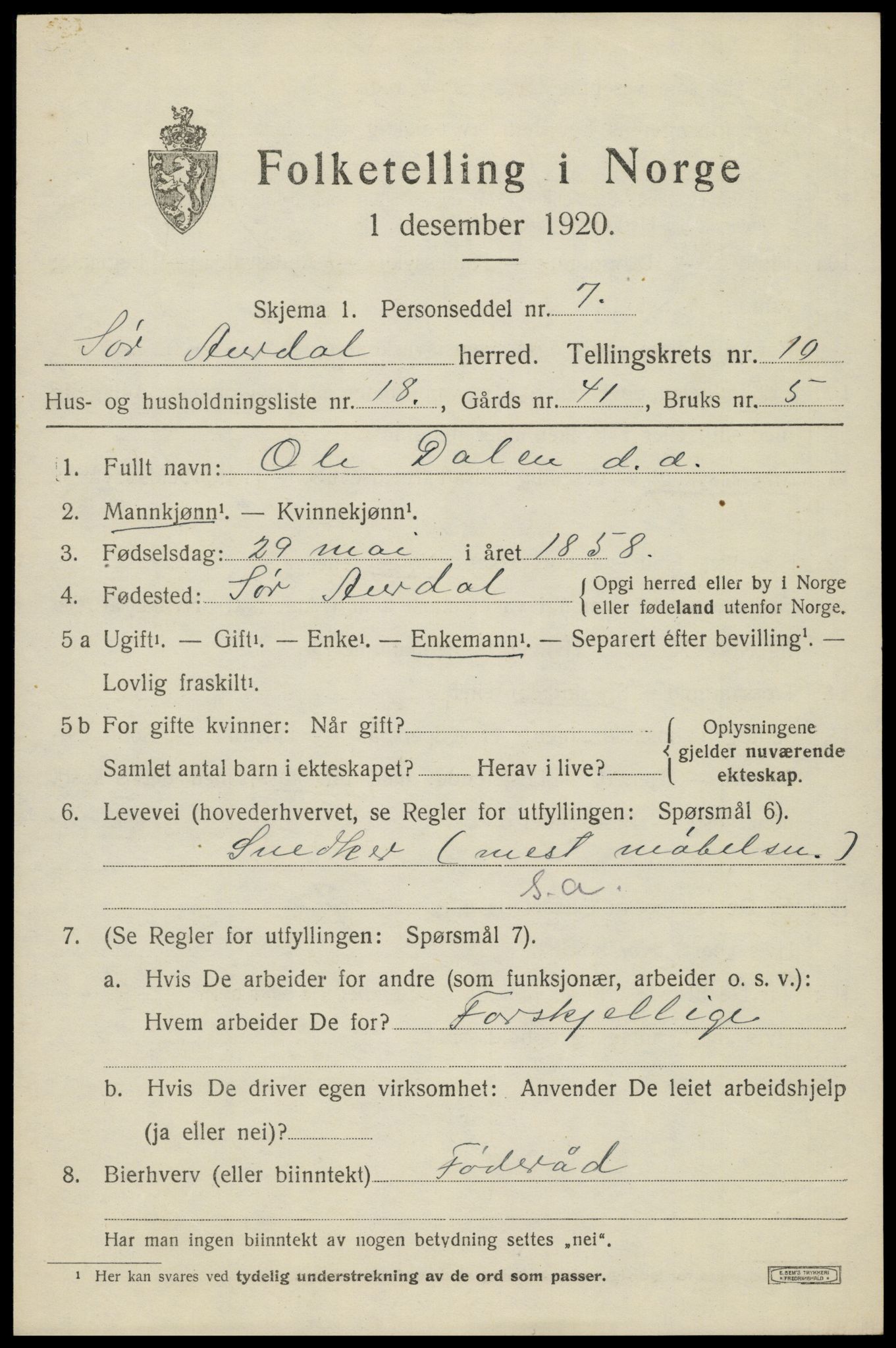 SAH, Folketelling 1920 for 0540 Sør-Aurdal herred, 1920, s. 5909