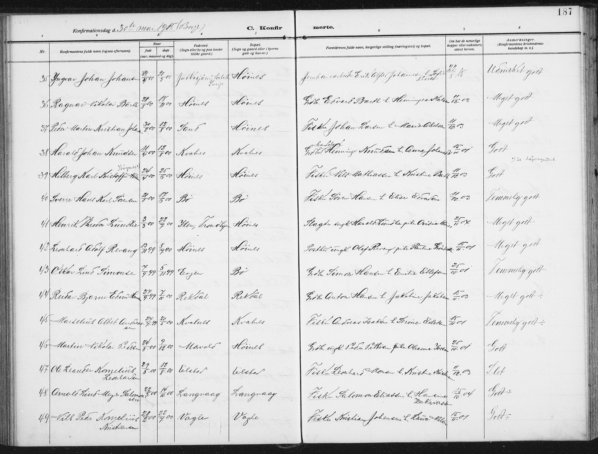 Ministerialprotokoller, klokkerbøker og fødselsregistre - Nordland, AV/SAT-A-1459/880/L1135: Ministerialbok nr. 880A09, 1908-1919, s. 187