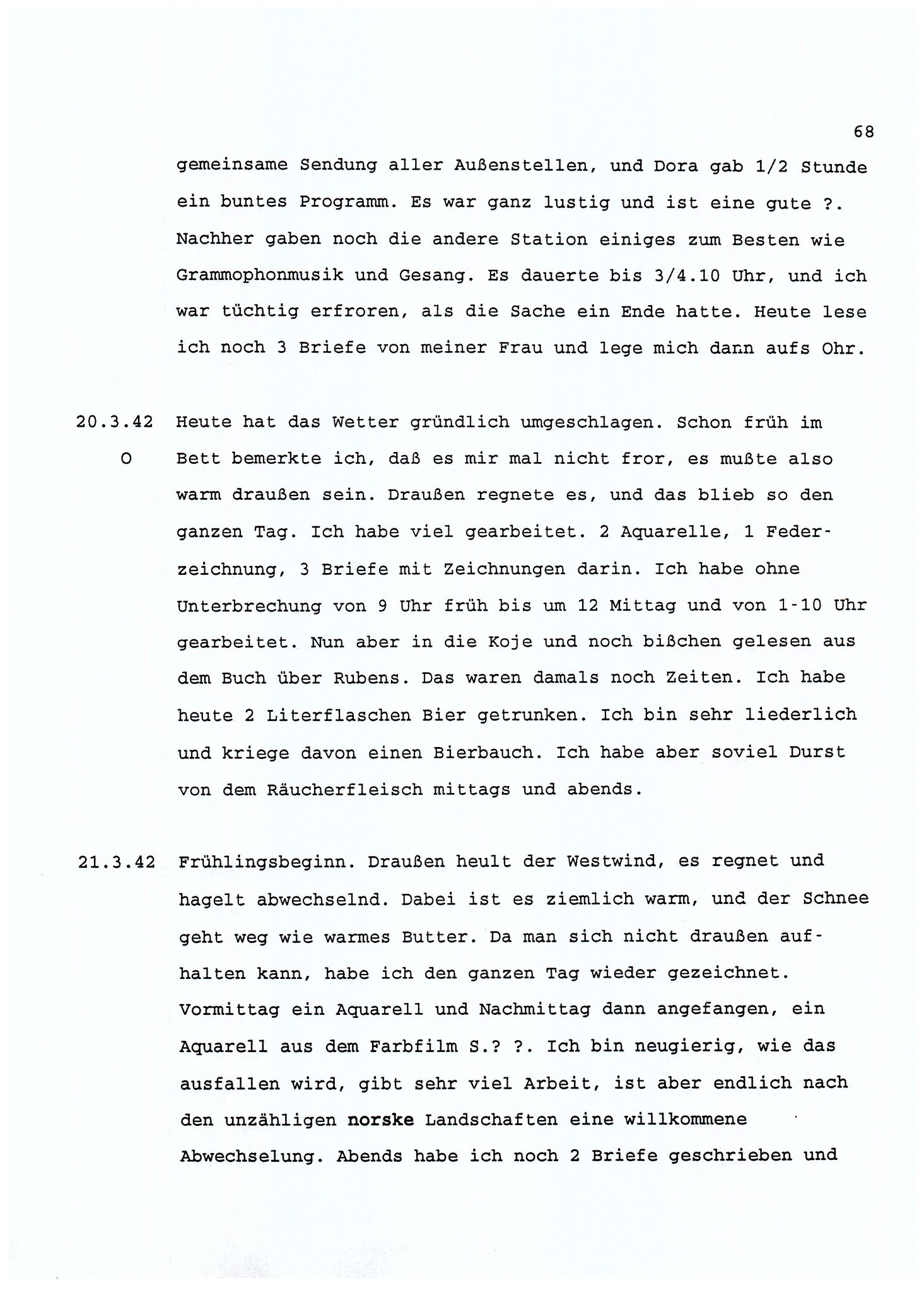 Dagbokopptegnelser av en tysk marineoffiser stasjonert i Norge , FMFB/A-1160/F/L0001: Dagbokopptegnelser av en tysk marineoffiser stasjonert i Norge, 1941-1944, s. 68