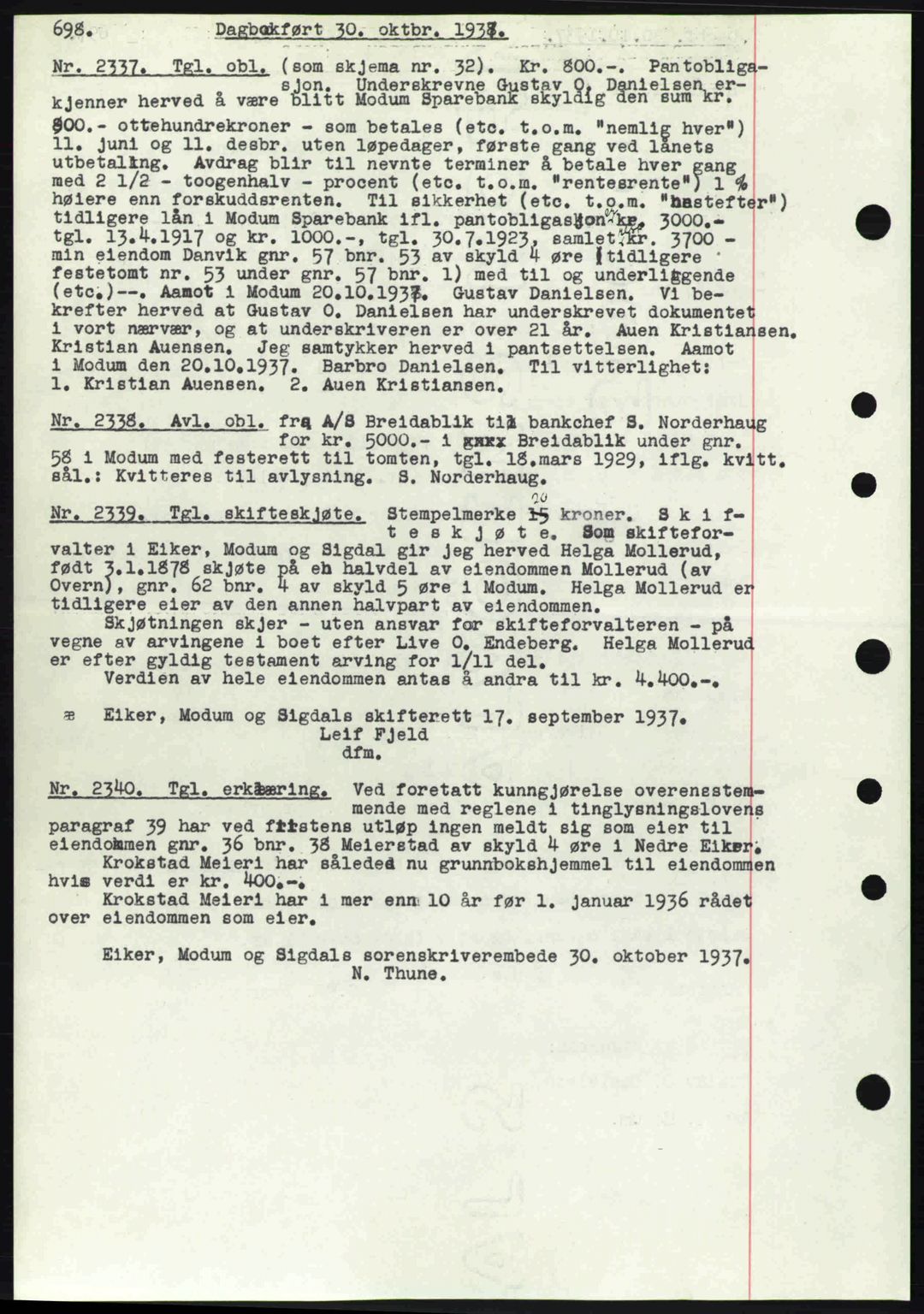 Eiker, Modum og Sigdal sorenskriveri, SAKO/A-123/G/Ga/Gab/L0036: Pantebok nr. A6, 1937-1937, Dagboknr: 2337/1937