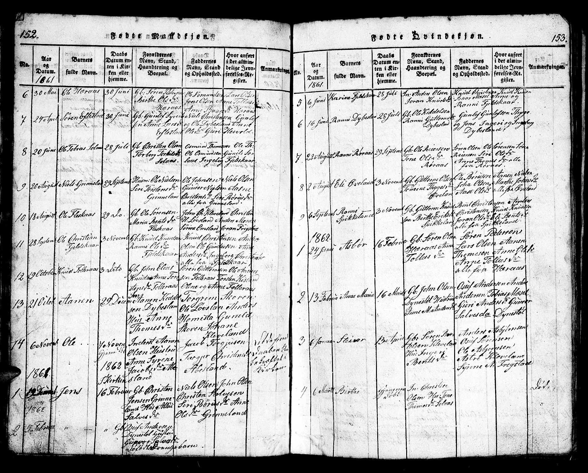 Bjelland sokneprestkontor, SAK/1111-0005/F/Fb/Fbb/L0003: Klokkerbok nr. B 3, 1816-1868, s. 152-153