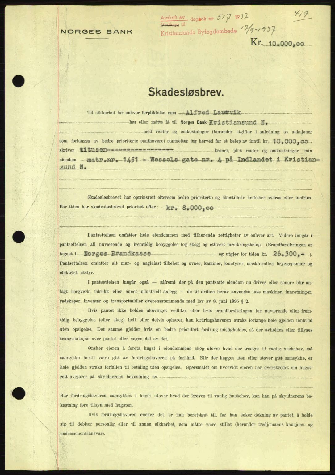 Kristiansund byfogd, AV/SAT-A-4587/A/27: Pantebok nr. 29, 1936-1937, Dagboknr: 517/1937