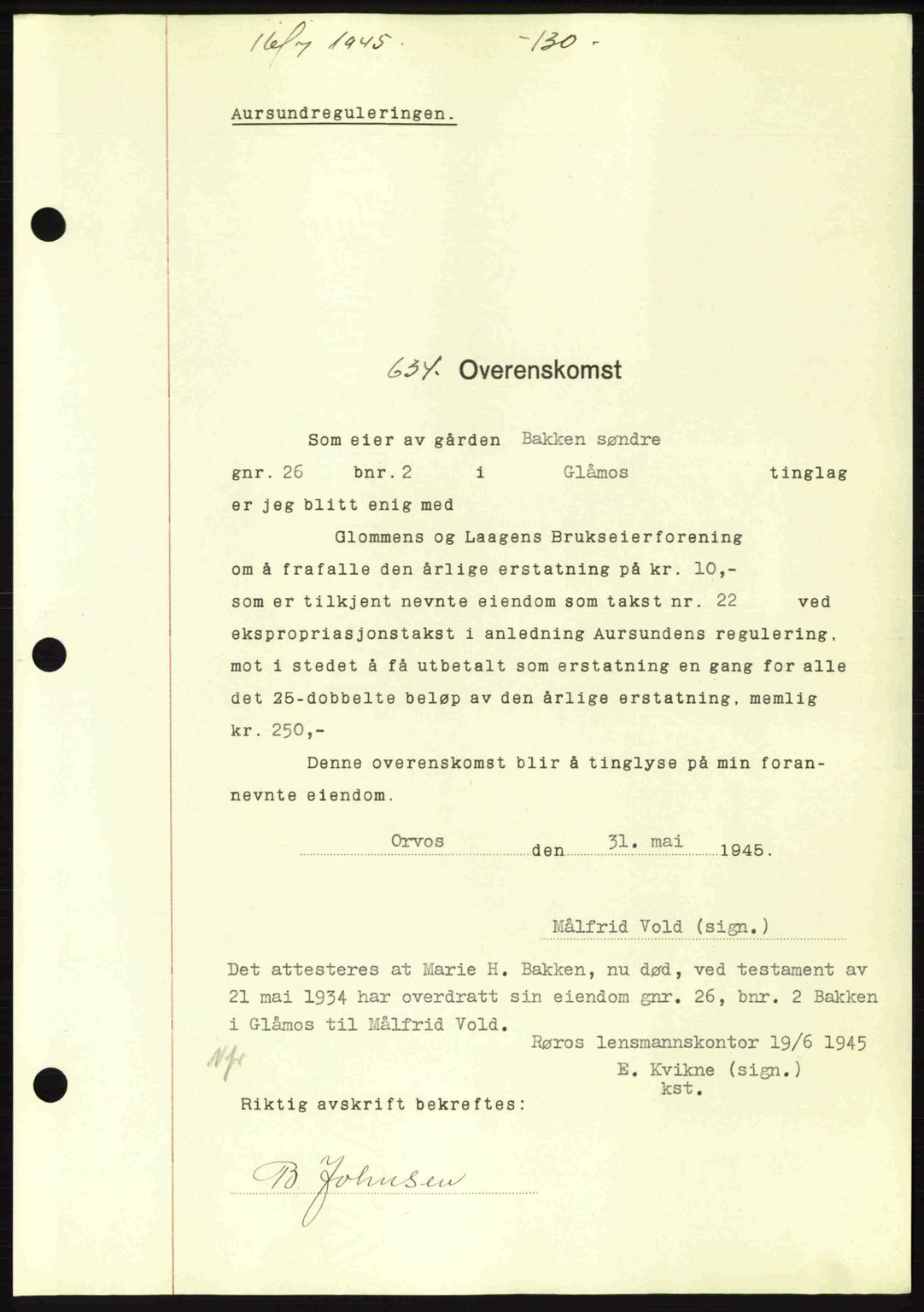 Gauldal sorenskriveri, SAT/A-0014/1/2/2C: Pantebok nr. A1a, 1945-1945, Dagboknr: 634/1945