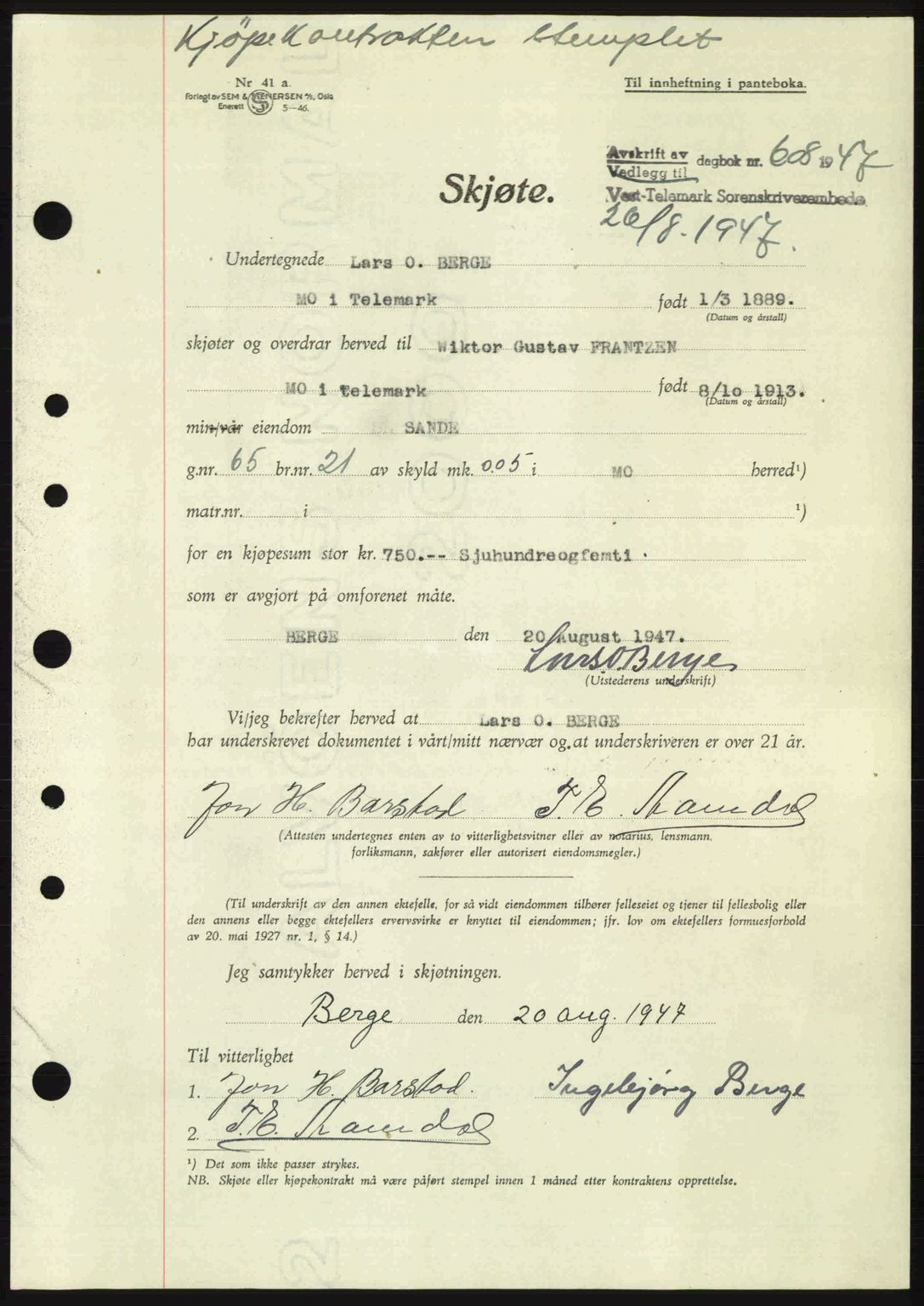 Vest-Telemark sorenskriveri, SAKO/A-134/G/Ga/Gac/L0008: Pantebok nr. A-8, 1947-1948, Dagboknr: 608/1947