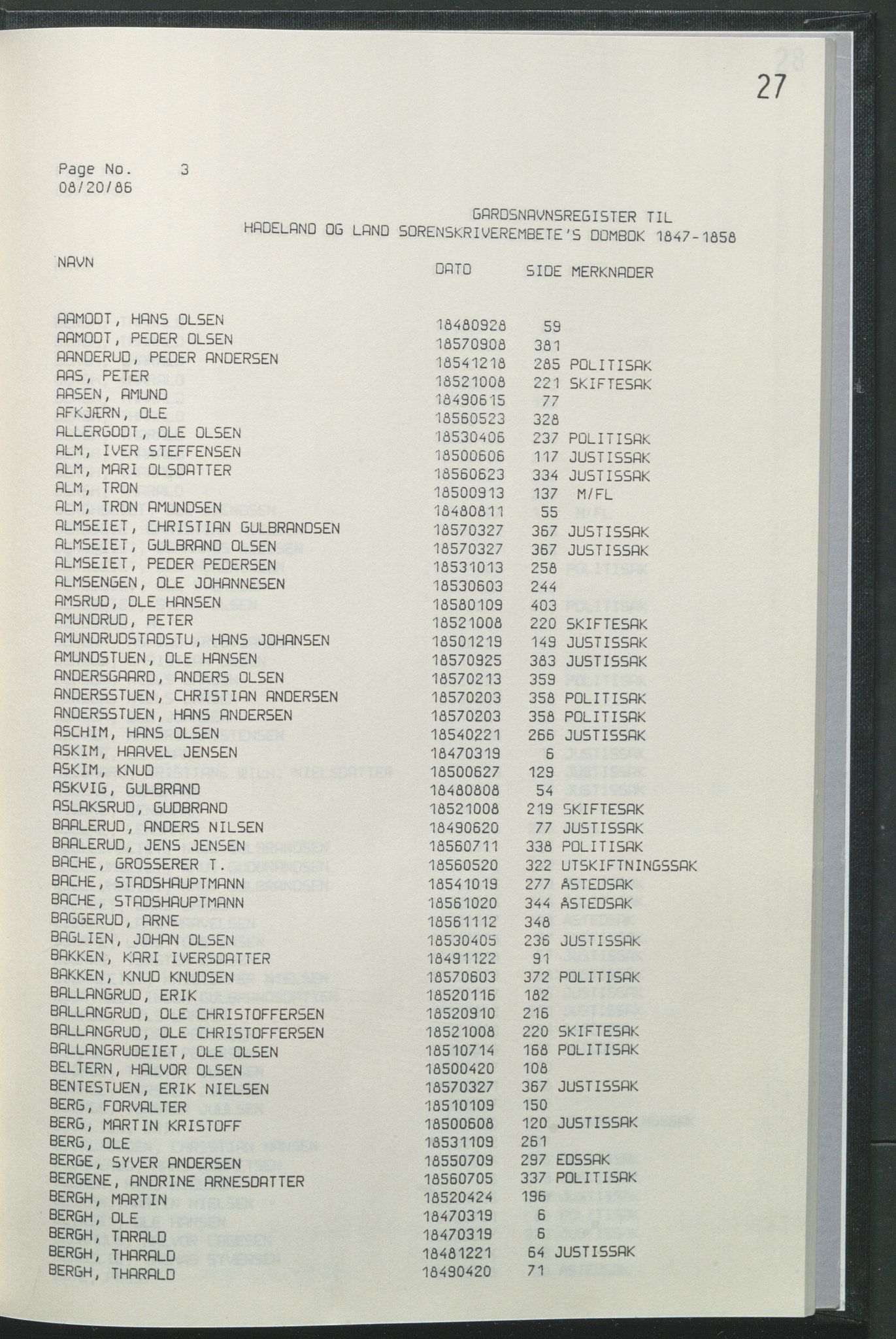 Statsarkivet i Hamar, AV/SAH-SAH-001/H/Hb/L0001/0004: Egne registre og hjelpemidler / Register  til Hadeland og Land sorenskriveri dombok 1 (1847 - 1858), 1847-1858, s. 27