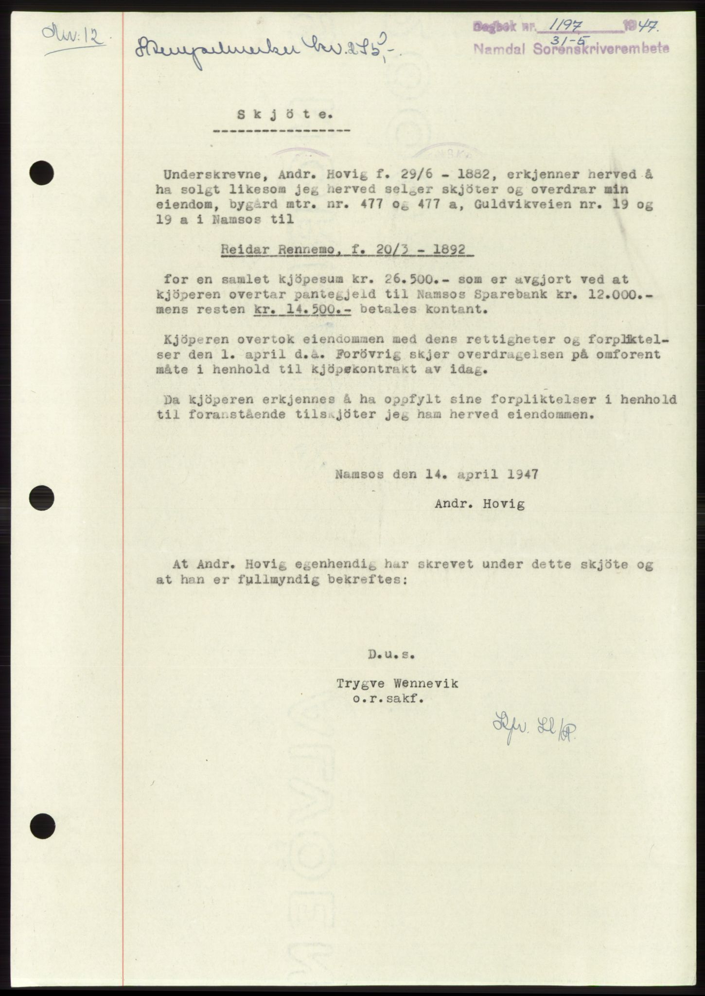 Namdal sorenskriveri, SAT/A-4133/1/2/2C: Pantebok nr. -, 1947-1947, Dagboknr: 1197/1947
