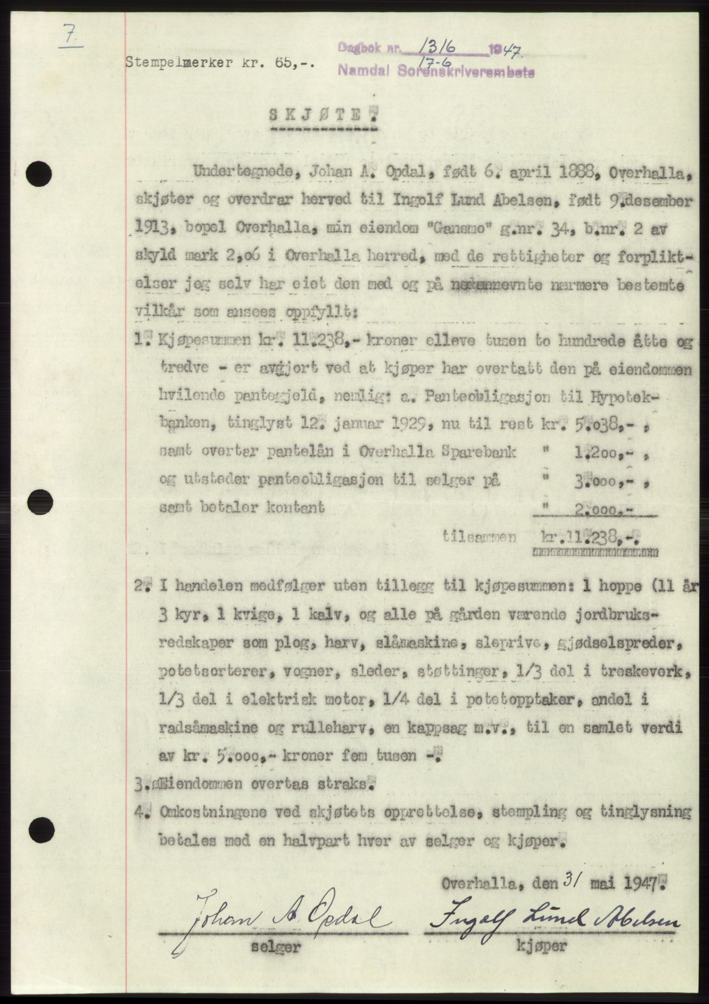 Namdal sorenskriveri, SAT/A-4133/1/2/2C: Pantebok nr. -, 1947-1947, Dagboknr: 1316/1947
