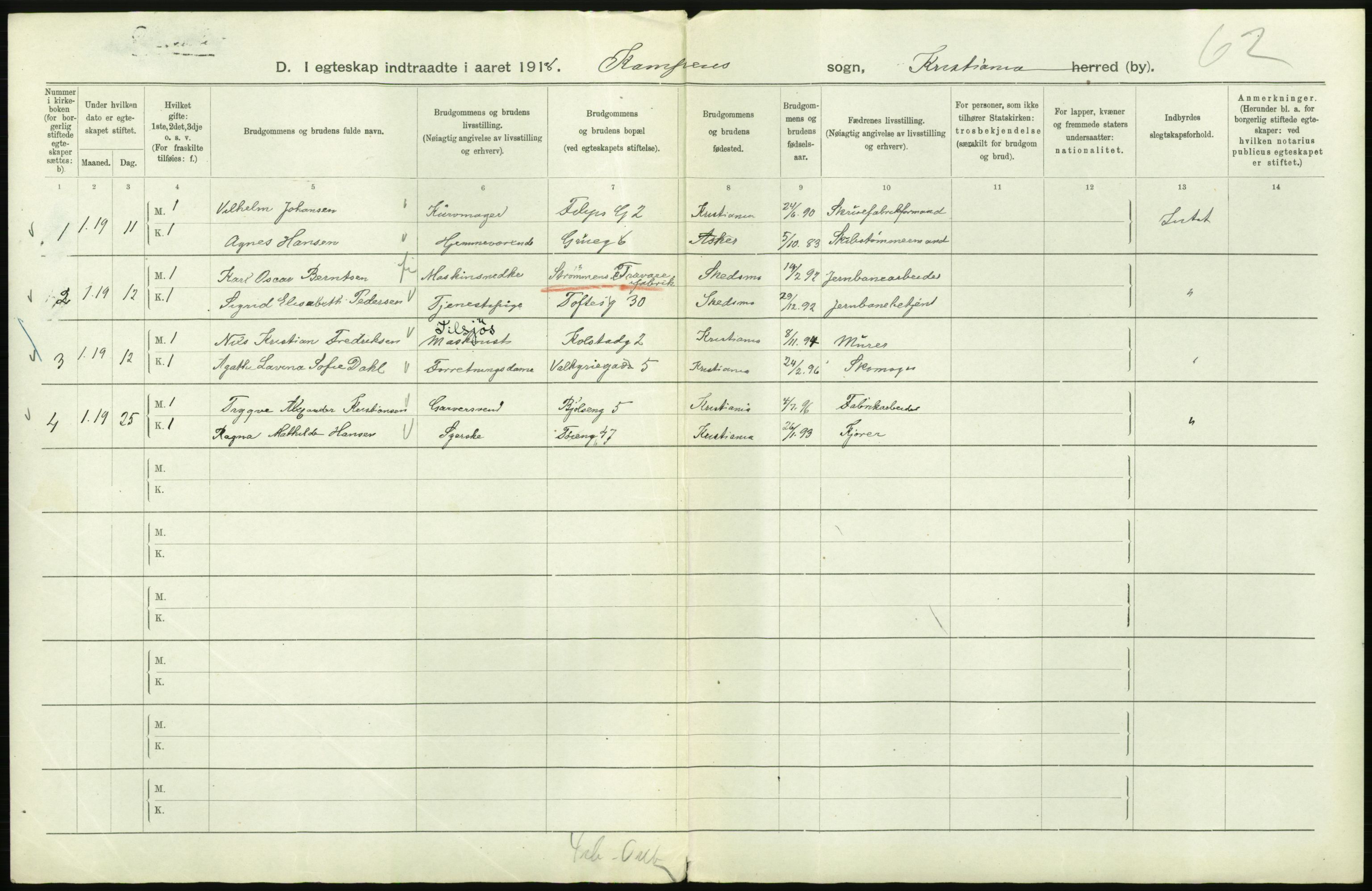 Statistisk sentralbyrå, Sosiodemografiske emner, Befolkning, AV/RA-S-2228/D/Df/Dfb/Dfbi/L0009: Kristiania: Gifte, 1919, s. 502