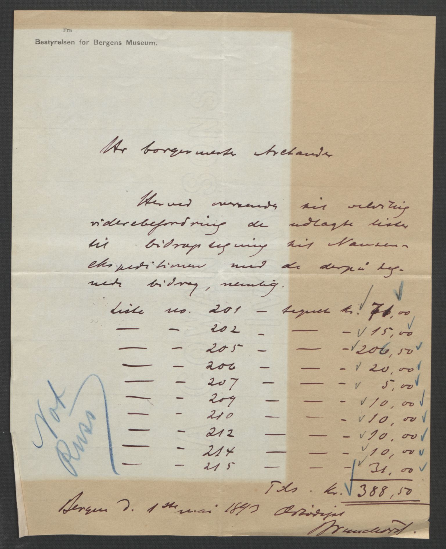 Arbeidskomitéen for Fridtjof Nansens polarekspedisjon, AV/RA-PA-0061/D/L0001/0005: Pengeinnsamlingen / Bidragslister med følgebrev, 1893, s. 15