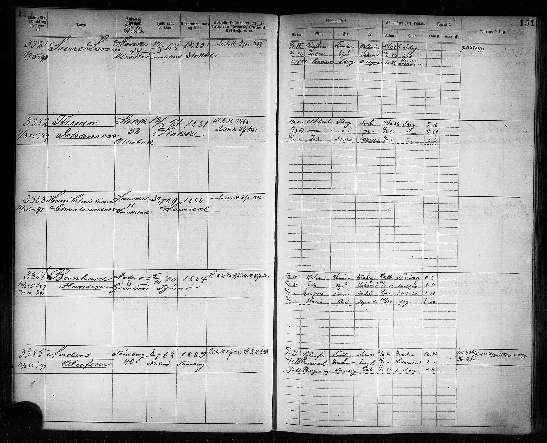 Tønsberg innrulleringskontor, SAKO/A-786/F/Fb/L0007: Annotasjonsrulle Patent nr. 2636-5150, 1881-1892, s. 152