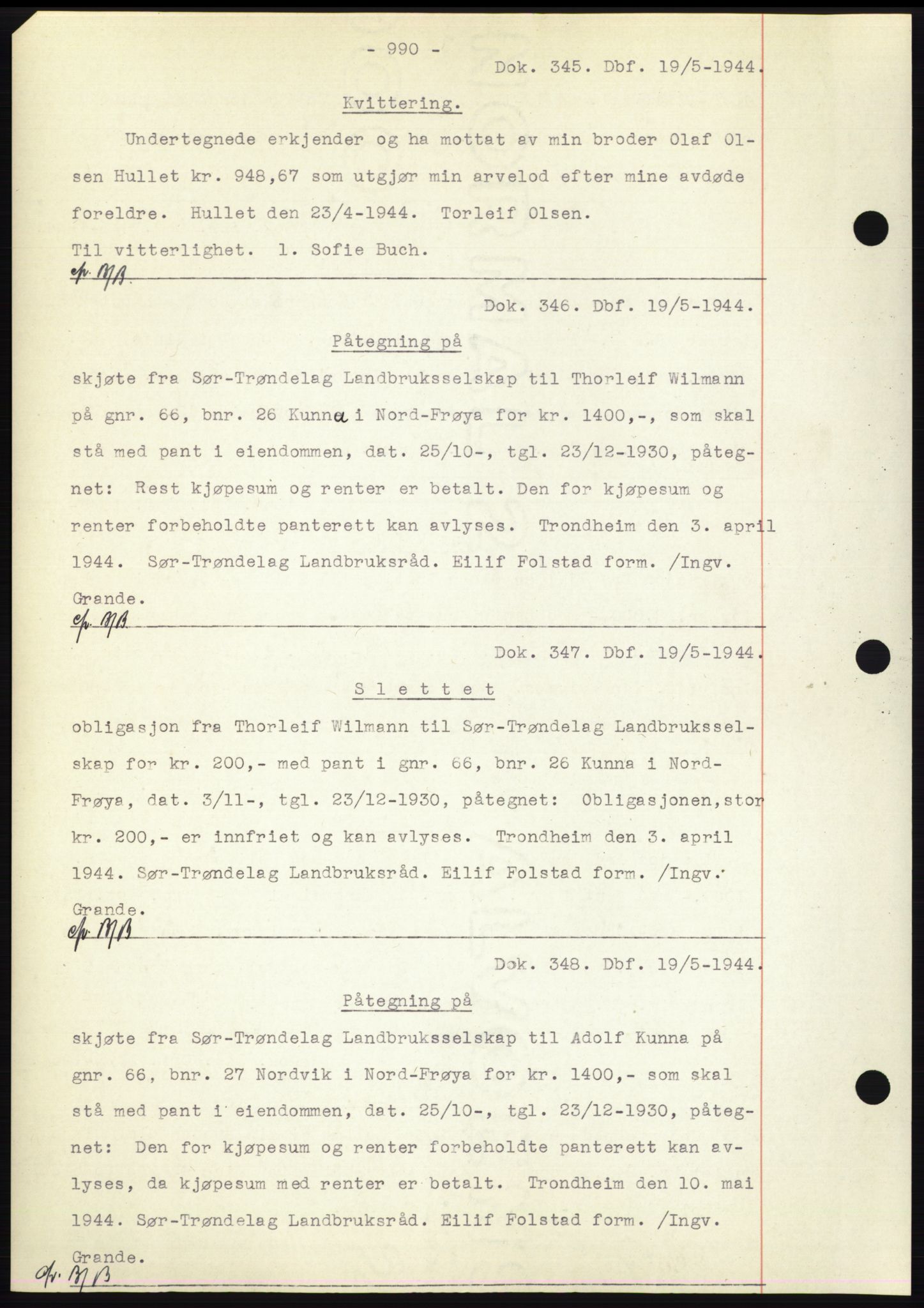 Hitra sorenskriveri, AV/SAT-A-0018/2/2C/2Ca: Pantebok nr. C1, 1936-1945, Dagboknr: 345/1944