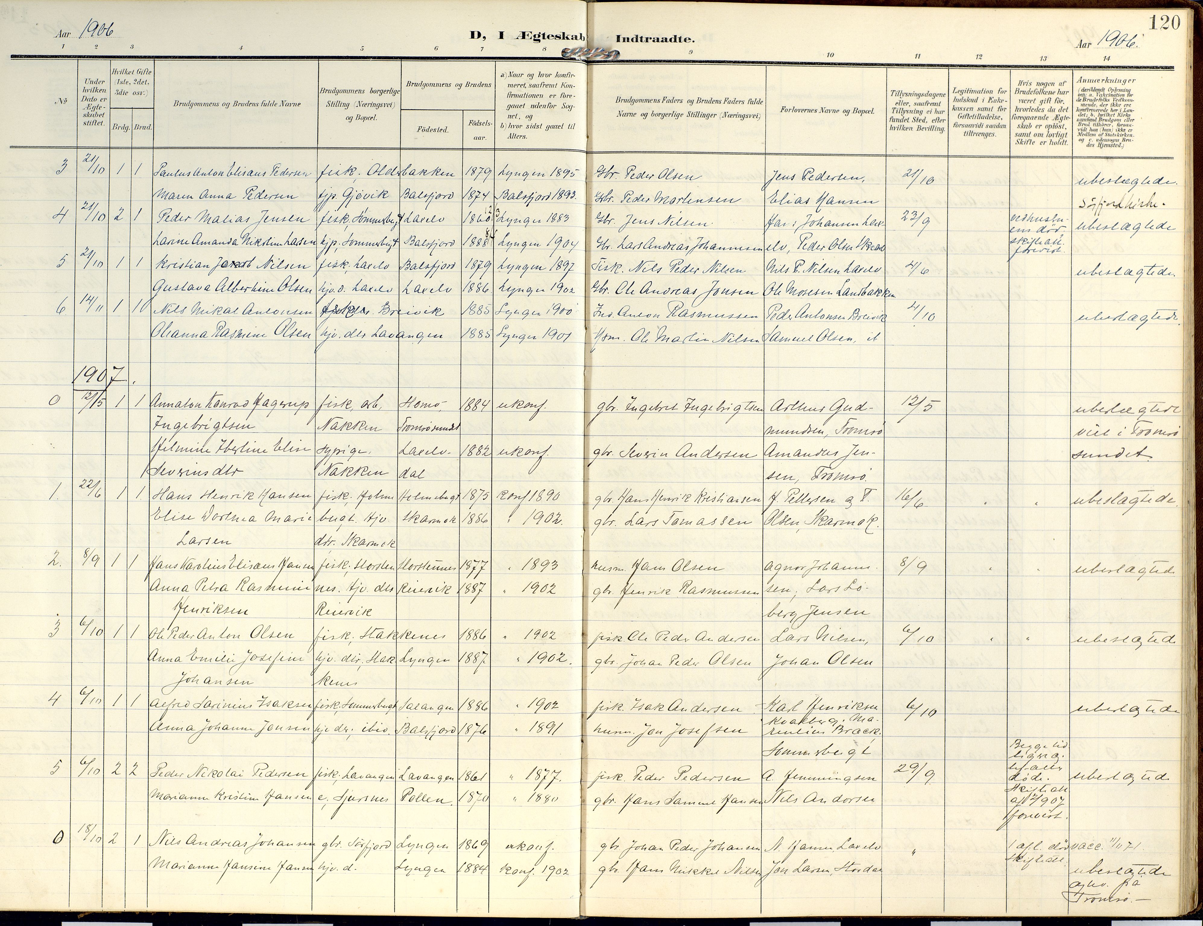 Lyngen sokneprestembete, AV/SATØ-S-1289/H/He/Hea/L0014kirke: Ministerialbok nr. 14, 1905-1920, s. 120