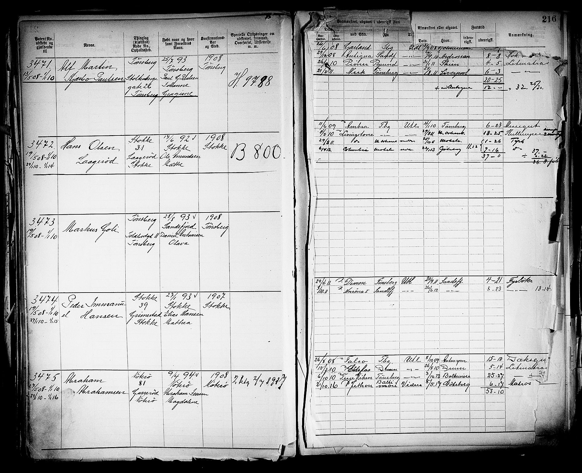 Tønsberg innrulleringskontor, SAKO/A-786/F/Fb/L0005: Annotasjonsrulle Patent nr. 2401-4080, 1904-1910, s. 218