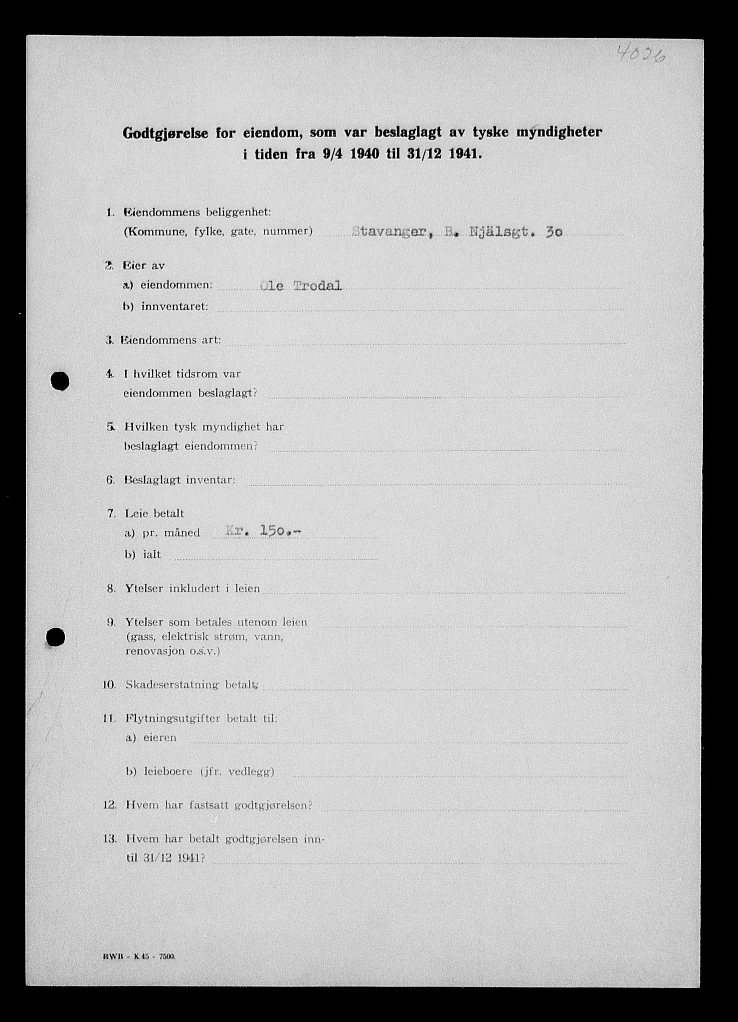 Justisdepartementet, Tilbakeføringskontoret for inndratte formuer, AV/RA-S-1564/I/L1014: Godtgjørelse for beslaglagt eiendom, 1940-1941, s. 145