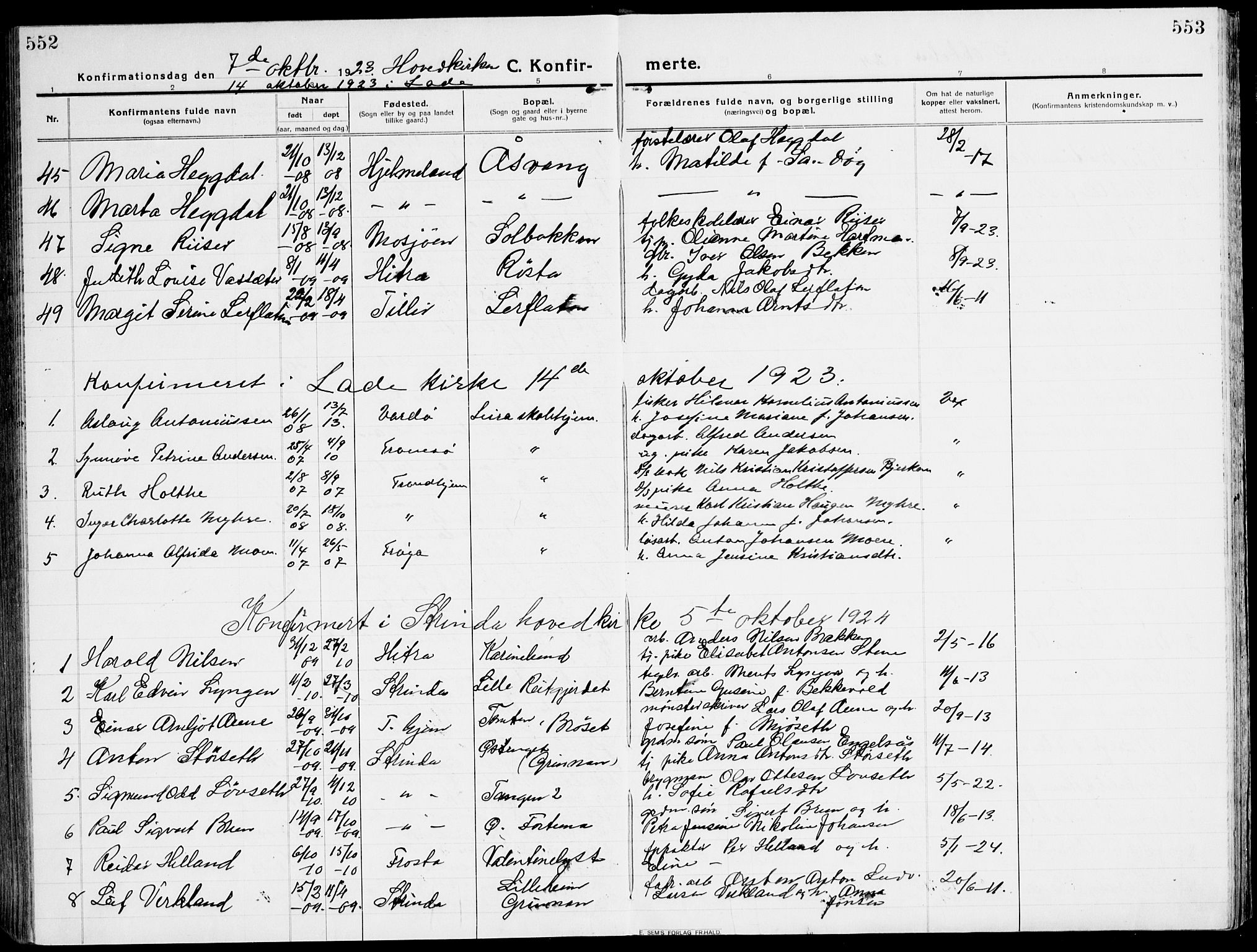 Ministerialprotokoller, klokkerbøker og fødselsregistre - Sør-Trøndelag, SAT/A-1456/607/L0321: Ministerialbok nr. 607A05, 1916-1935, s. 552-553