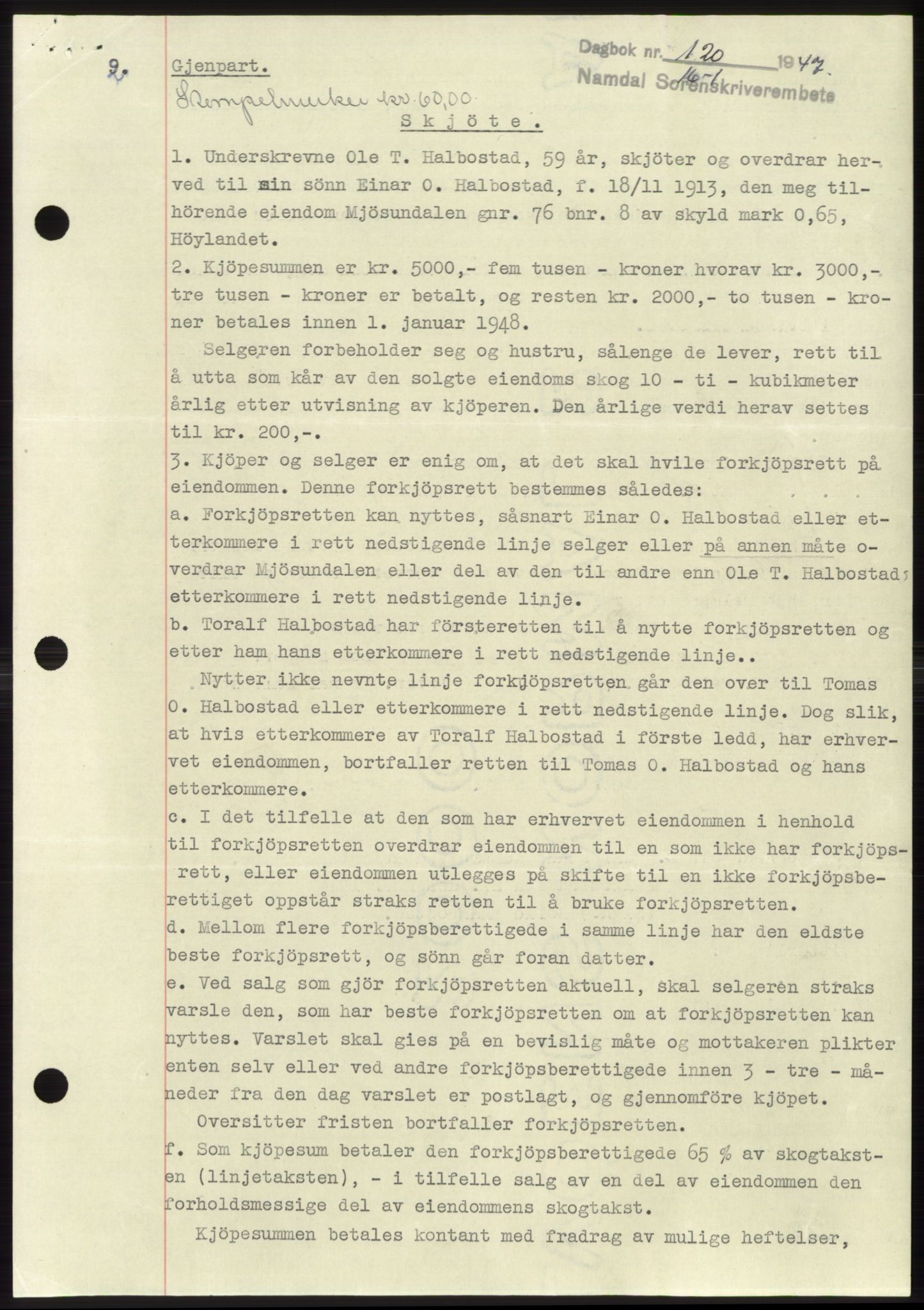 Namdal sorenskriveri, SAT/A-4133/1/2/2C: Pantebok nr. -, 1946-1947, Dagboknr: 120/1947