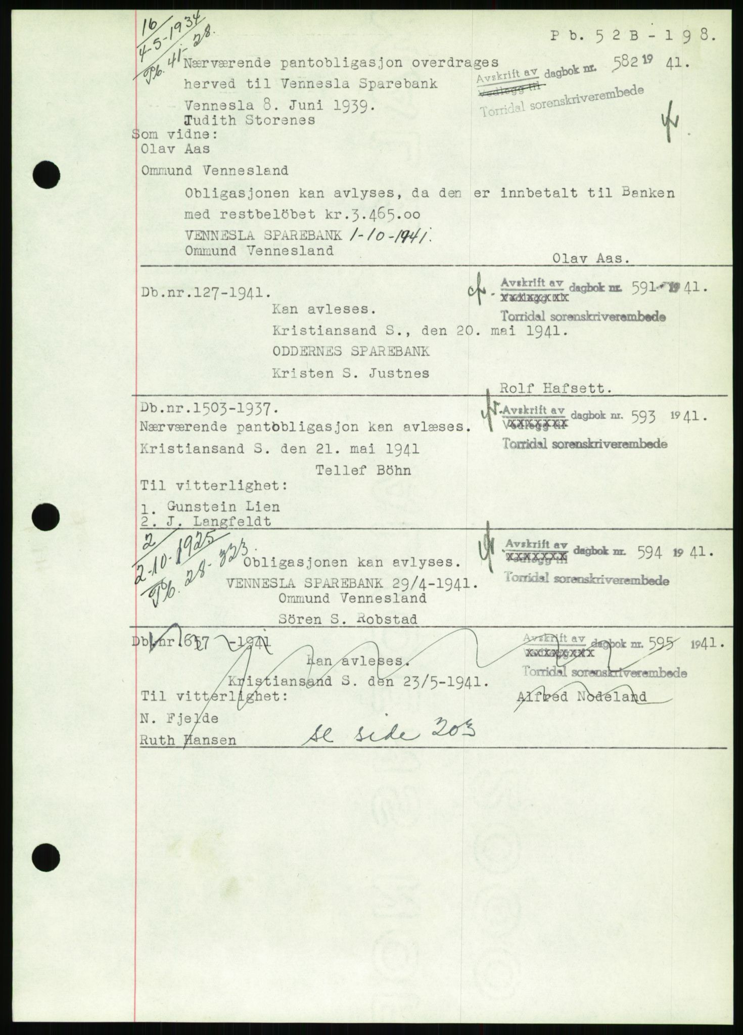 Torridal sorenskriveri, SAK/1221-0012/G/Gb/Gbb/L0008: Pantebok nr. 52b, 1940-1942, Dagboknr: 582/1941