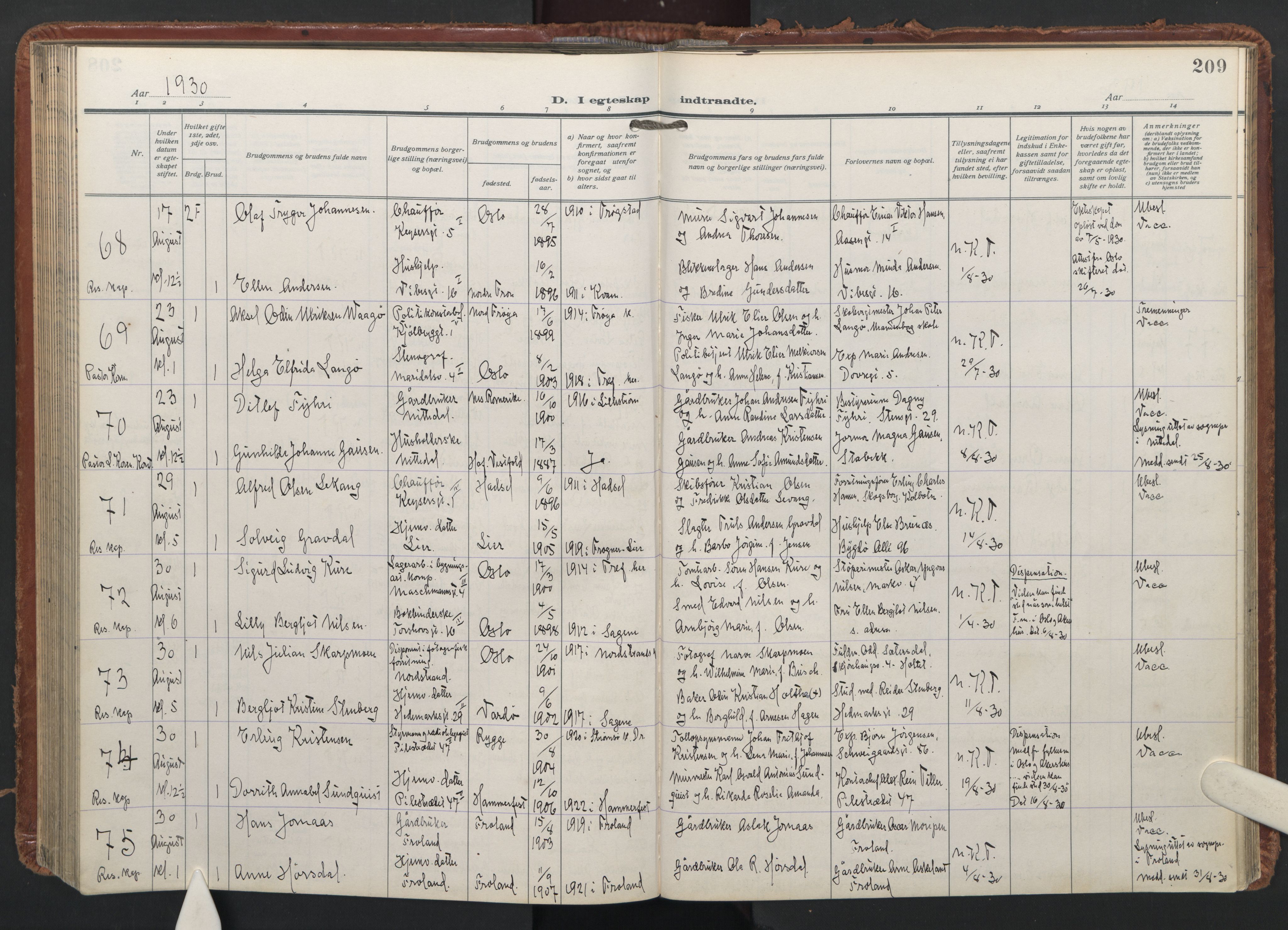 Trefoldighet prestekontor Kirkebøker, AV/SAO-A-10882/F/Fc/L0009: Ministerialbok nr. III 9, 1922-1936, s. 209