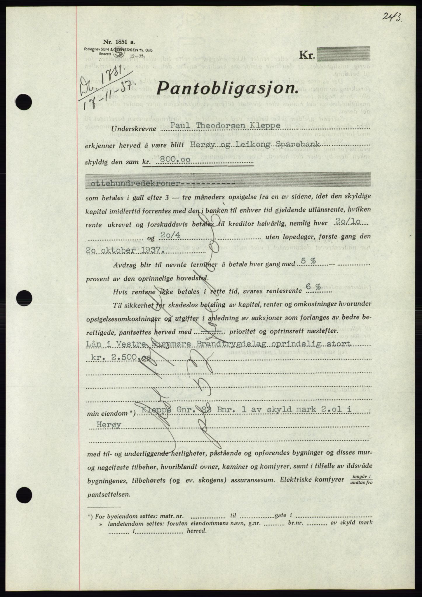 Søre Sunnmøre sorenskriveri, AV/SAT-A-4122/1/2/2C/L0064: Pantebok nr. 58, 1937-1938, Dagboknr: 1731/1937