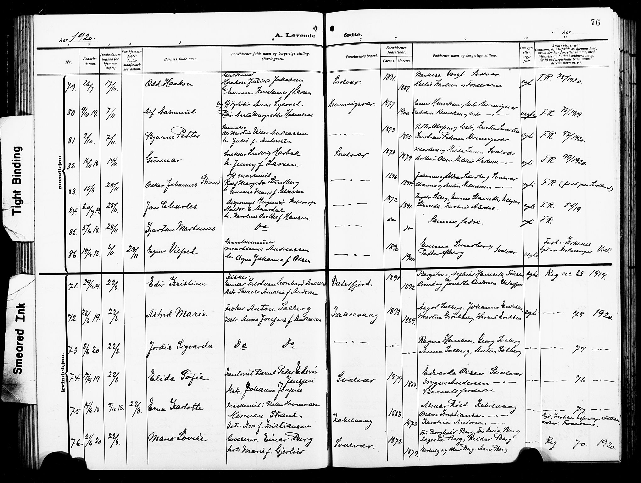Ministerialprotokoller, klokkerbøker og fødselsregistre - Nordland, AV/SAT-A-1459/874/L1080: Klokkerbok nr. 874C09, 1915-1925, s. 76