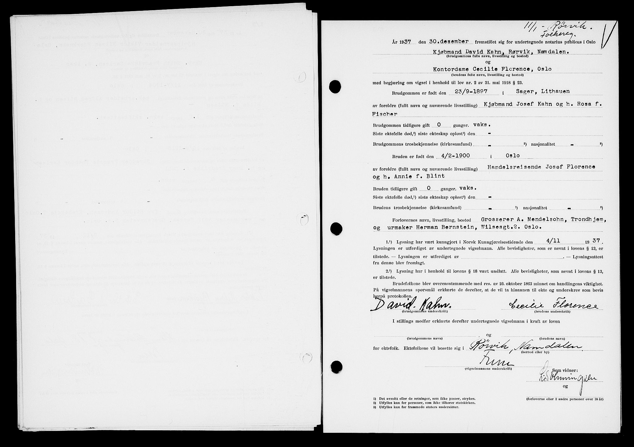 Oslo byfogd avd. I, AV/SAO-A-10220/L/Lb/Lbb/L0029: Notarialprotokoll, rekke II: Vigsler, 1937-1938