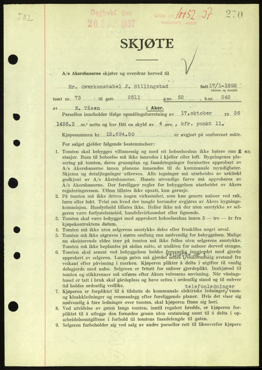 Aker herredsskriveri, SAO/A-10896/G/Gb/Gba/Gbab/L0017: Pantebok nr. A148, 1937-1937, Dagboknr: 10052/1937