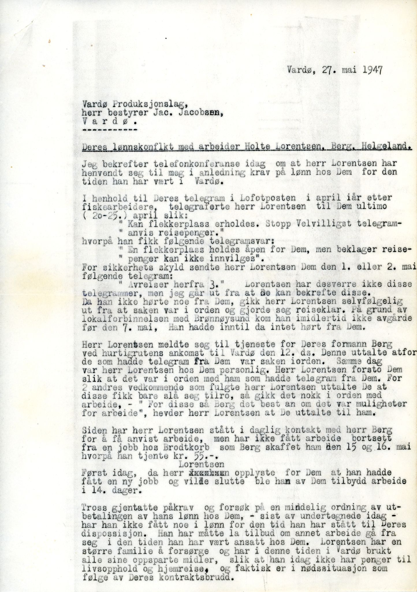 Vardø Fiskersamvirkelag, VAMU/A-0037/D/Da/L0001: Korrespondanse Ab-Eg, 1946-1950