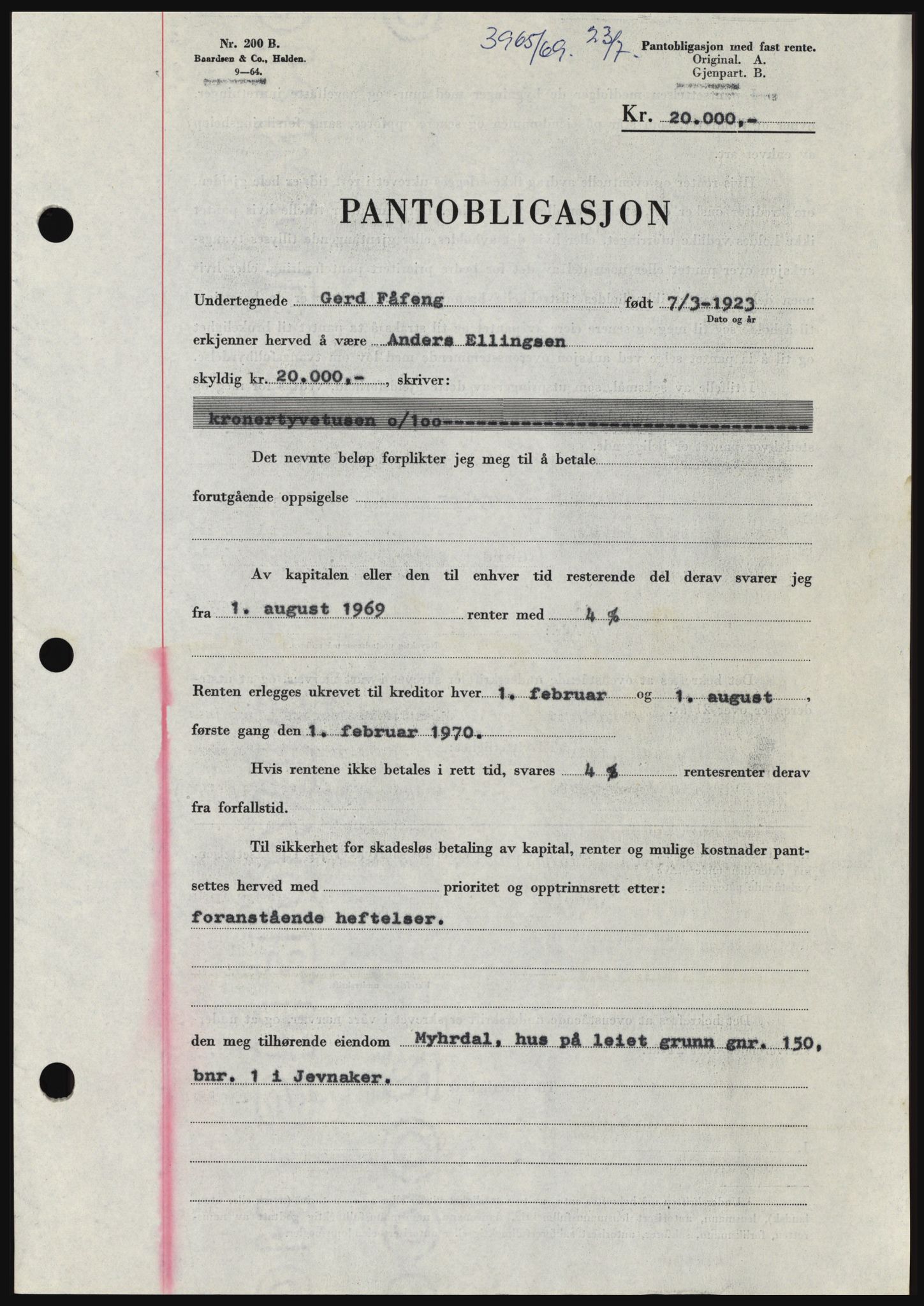 Hadeland og Land tingrett, SAH/TING-010/H/Hb/Hbc/L0074: Pantebok nr. B74, 1969-1969, Dagboknr: 3965/1969