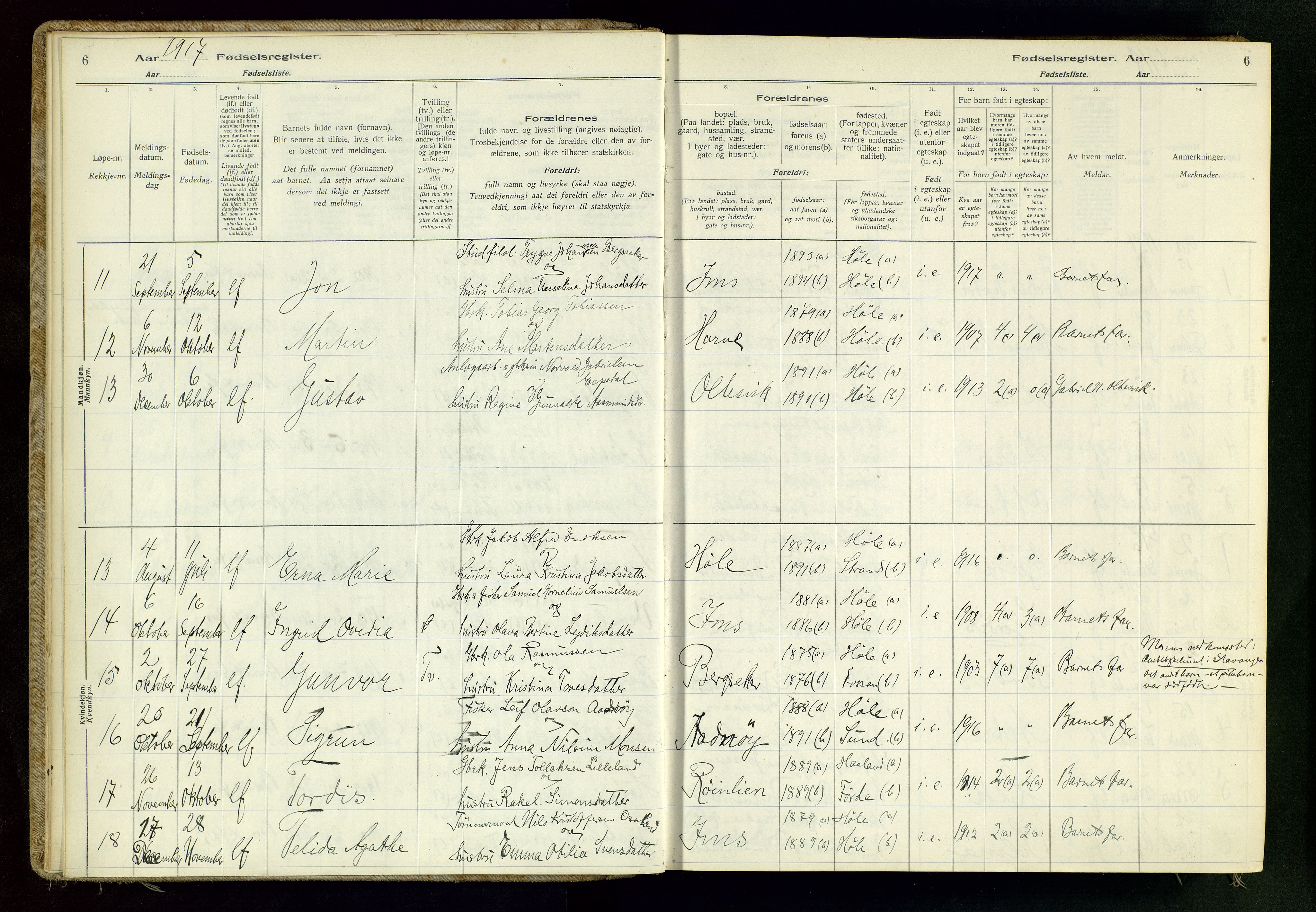 Høgsfjord sokneprestkontor, AV/SAST-A-101624/I/Id/L0001: Fødselsregister nr. 1, 1916-1982, s. 6