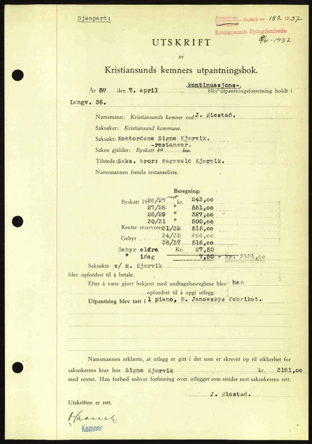 Kristiansund byfogd, SAT/A-4587/A/27: Pantebok nr. 29, 1936-1937, Dagboknr: 182/1937