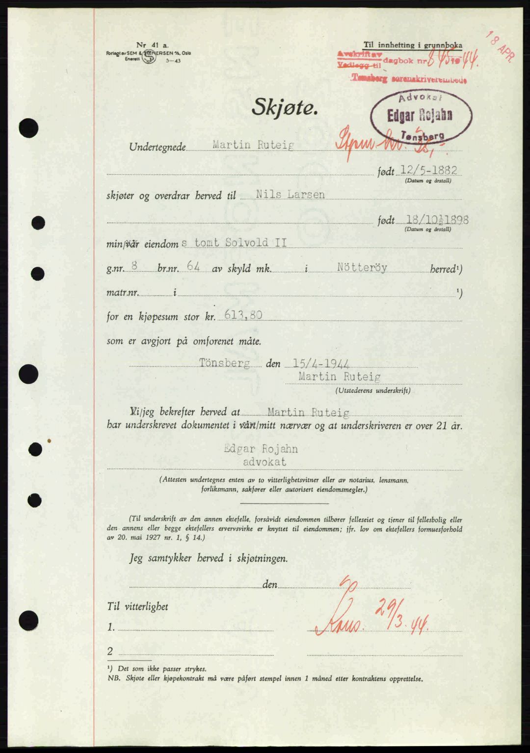 Tønsberg sorenskriveri, AV/SAKO-A-130/G/Ga/Gaa/L0015: Pantebok nr. A15, 1944-1944, Dagboknr: 845/1944