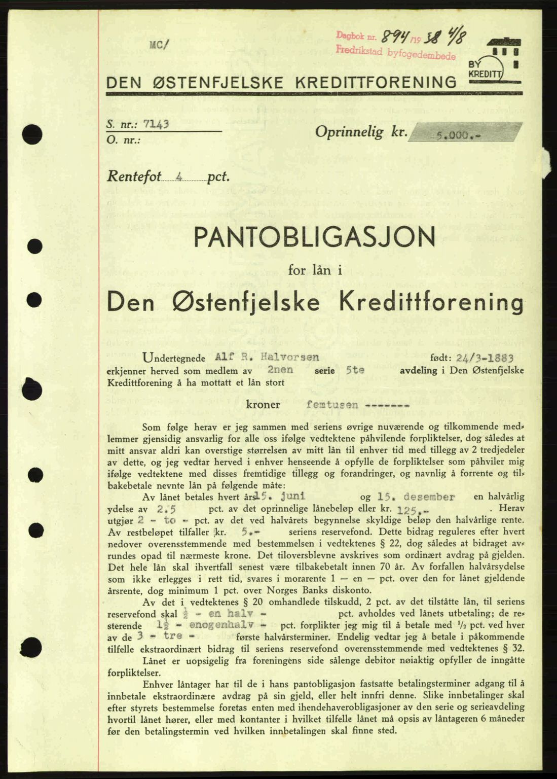 Fredrikstad byfogd, SAO/A-10473a/G/Ga/Gad/L0002: Pantebok nr. B2, 1938-1939, Dagboknr: 894/1938