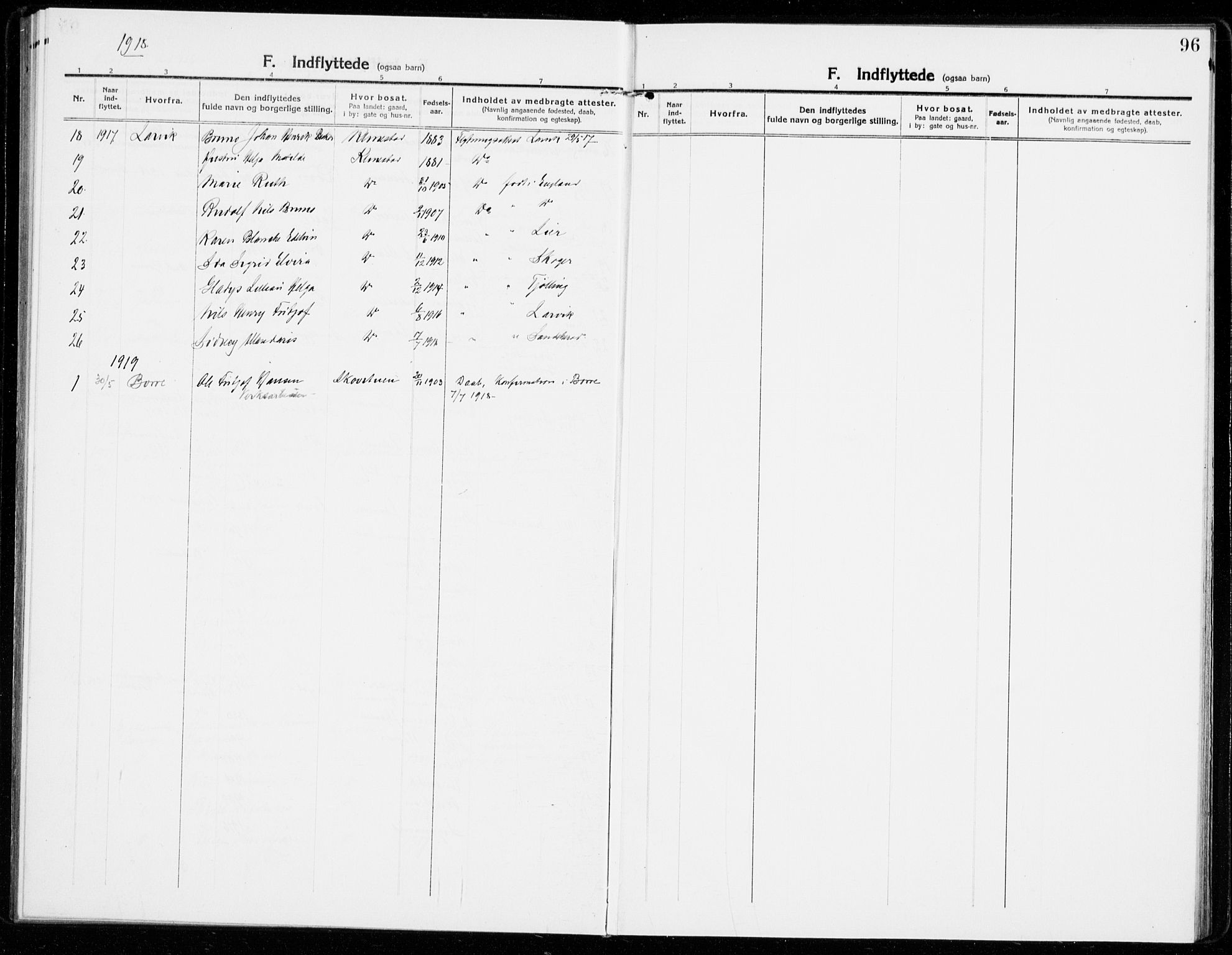 Sandar kirkebøker, AV/SAKO-A-243/F/Fa/L0020: Ministerialbok nr. 20, 1915-1919, s. 96