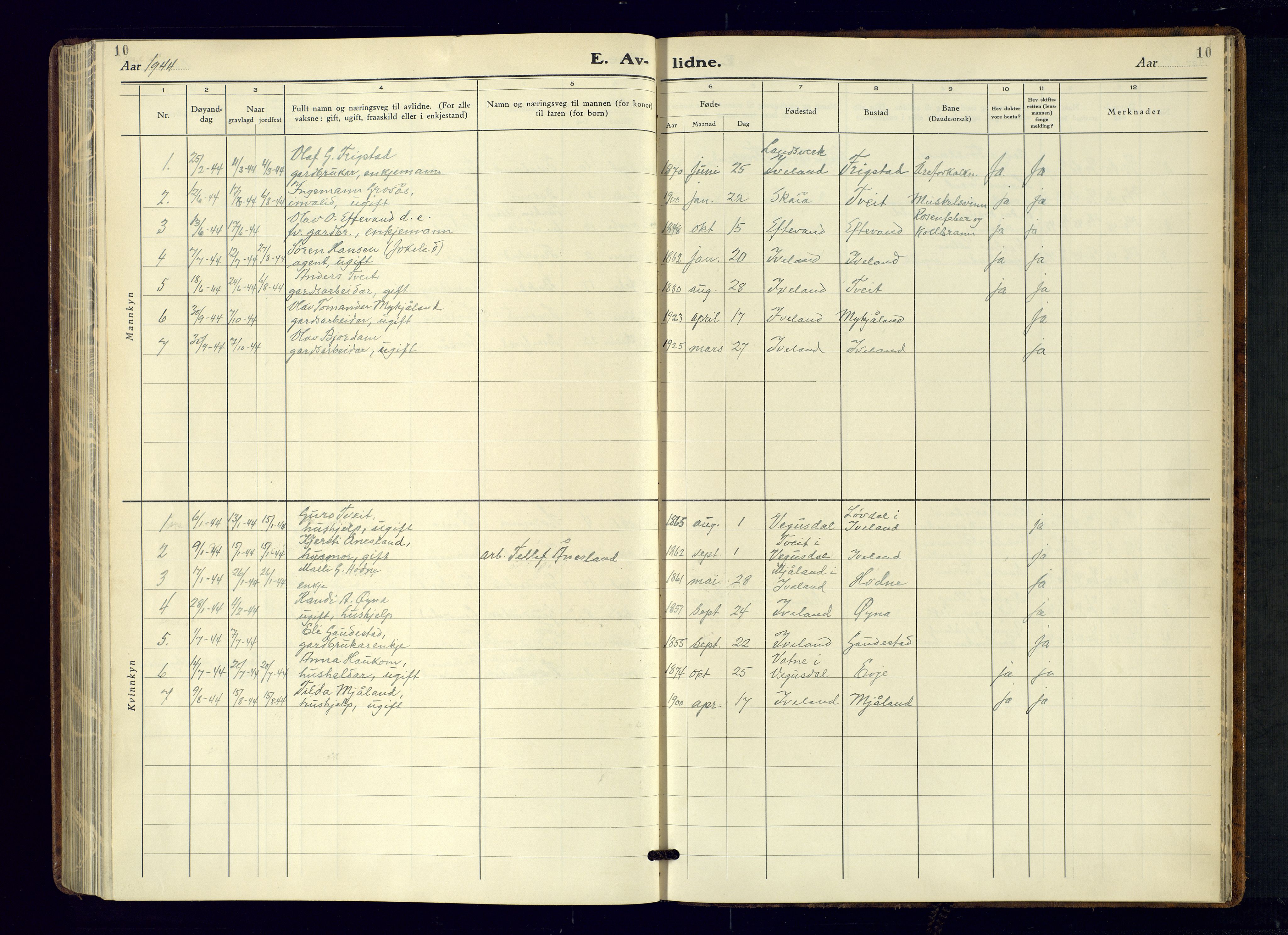 Evje sokneprestkontor, AV/SAK-1111-0008/F/Fb/Fbc/L0006: Klokkerbok nr. B-6, 1933-1971, s. 10