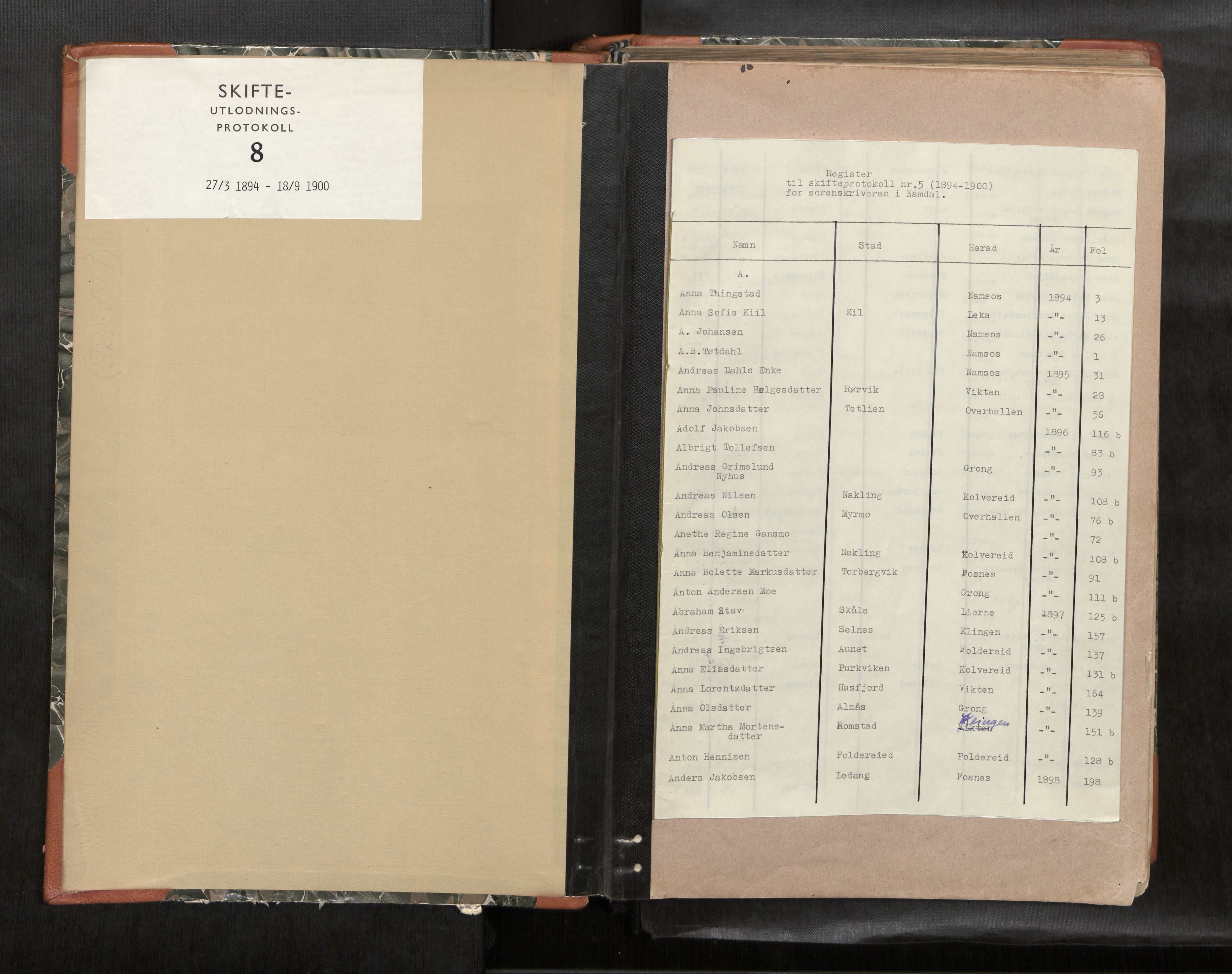 Namdal sorenskriveri, SAT/A-4133/1/3/3A/L0046: Skifteprotokoll nr. 8, 1894-1900