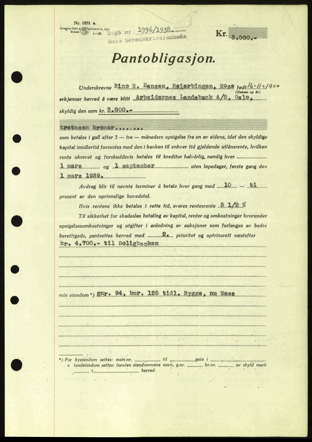 Moss sorenskriveri, SAO/A-10168: Pantebok nr. B6, 1938-1938, Dagboknr: 1996/1938