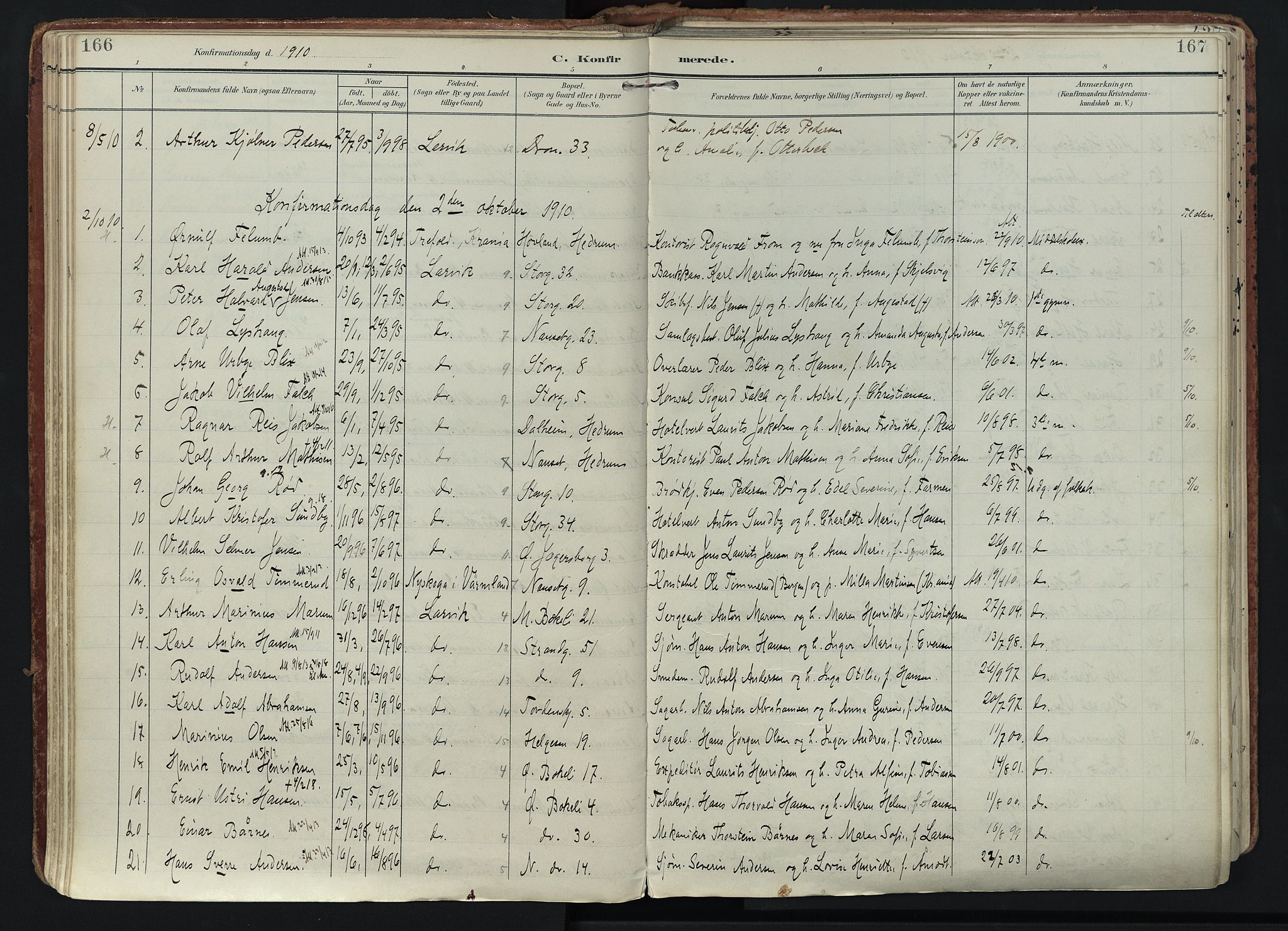 Larvik kirkebøker, AV/SAKO-A-352/F/Fa/L0011: Ministerialbok nr. I 11, 1902-1922, s. 166-167