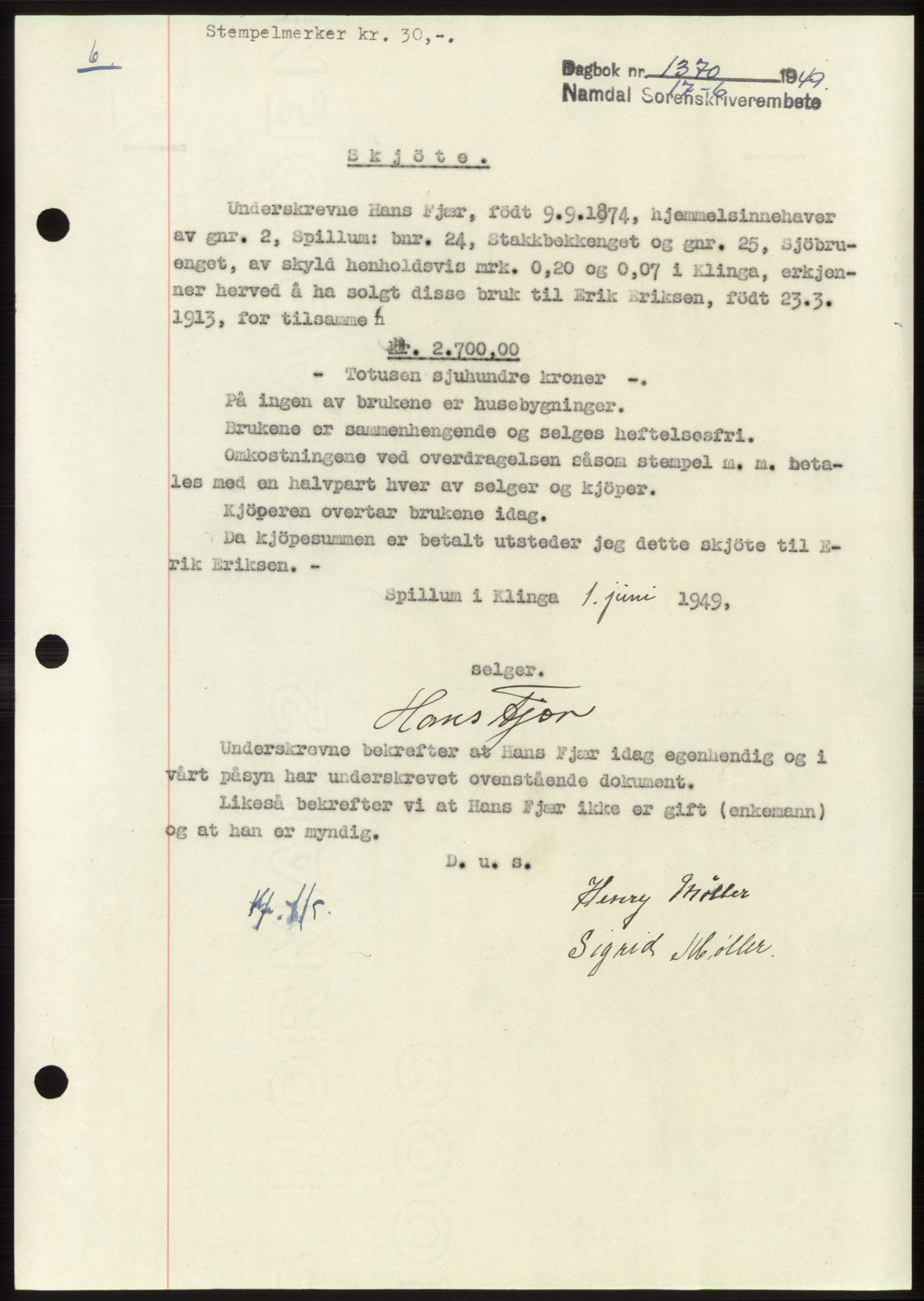 Namdal sorenskriveri, SAT/A-4133/1/2/2C: Pantebok nr. -, 1949-1949, Dagboknr: 1370/1949