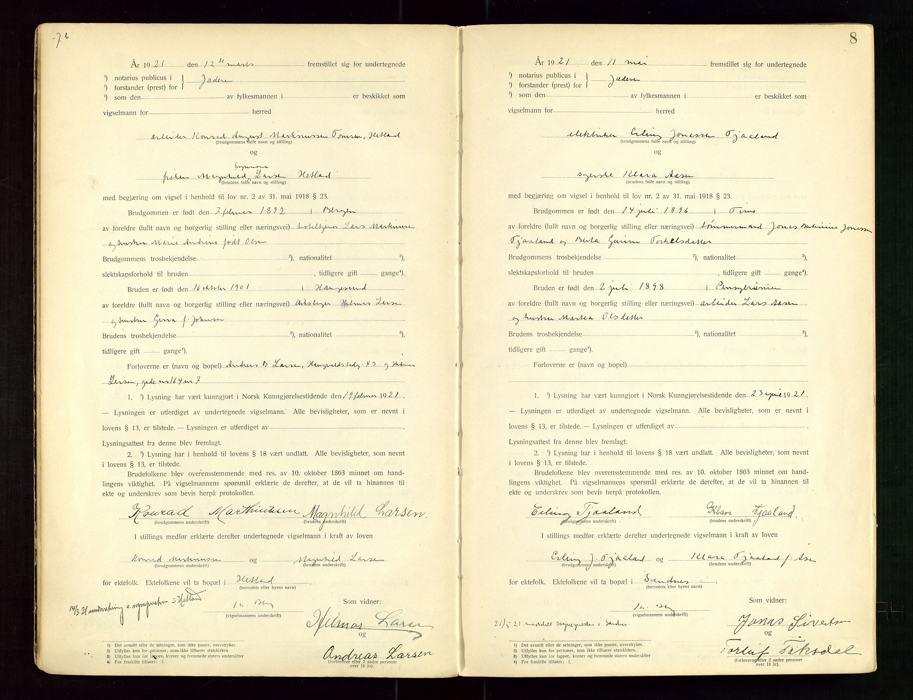 Jæren sorenskriveri, AV/SAST-A-100310/01/6/62/62BA/L0001: VIGSELSPROTOKOLL, 1920-1937, s. 8