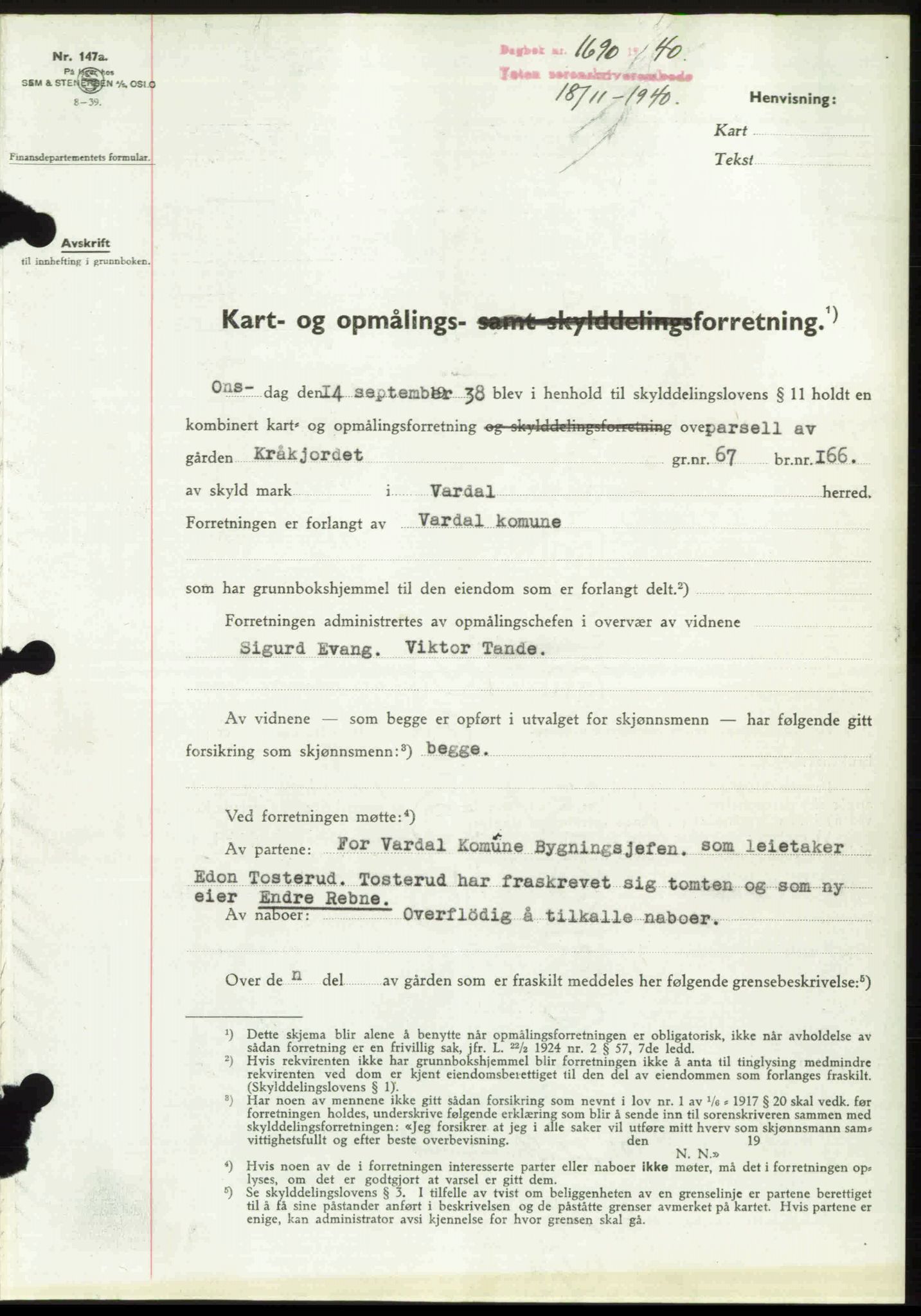 Toten tingrett, SAH/TING-006/H/Hb/Hbc/L0007: Pantebok nr. Hbc-07, 1939-1940, Dagboknr: 1690/1940