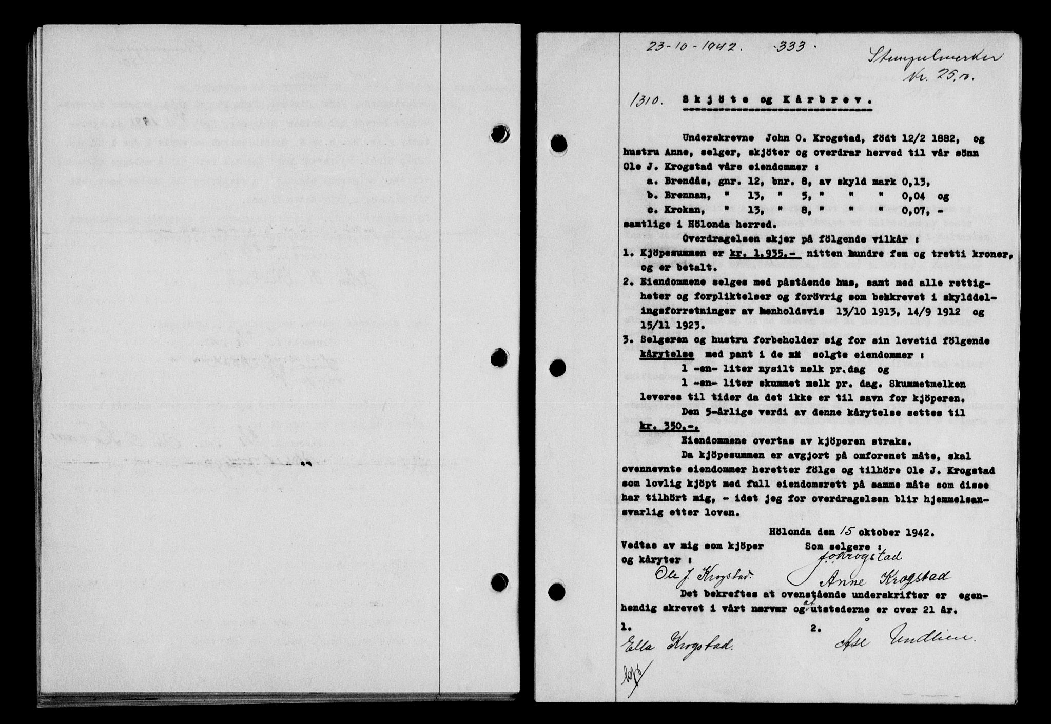 Gauldal sorenskriveri, SAT/A-0014/1/2/2C/L0055: Pantebok nr. 60, 1942-1942, Dagboknr: 1310/1942