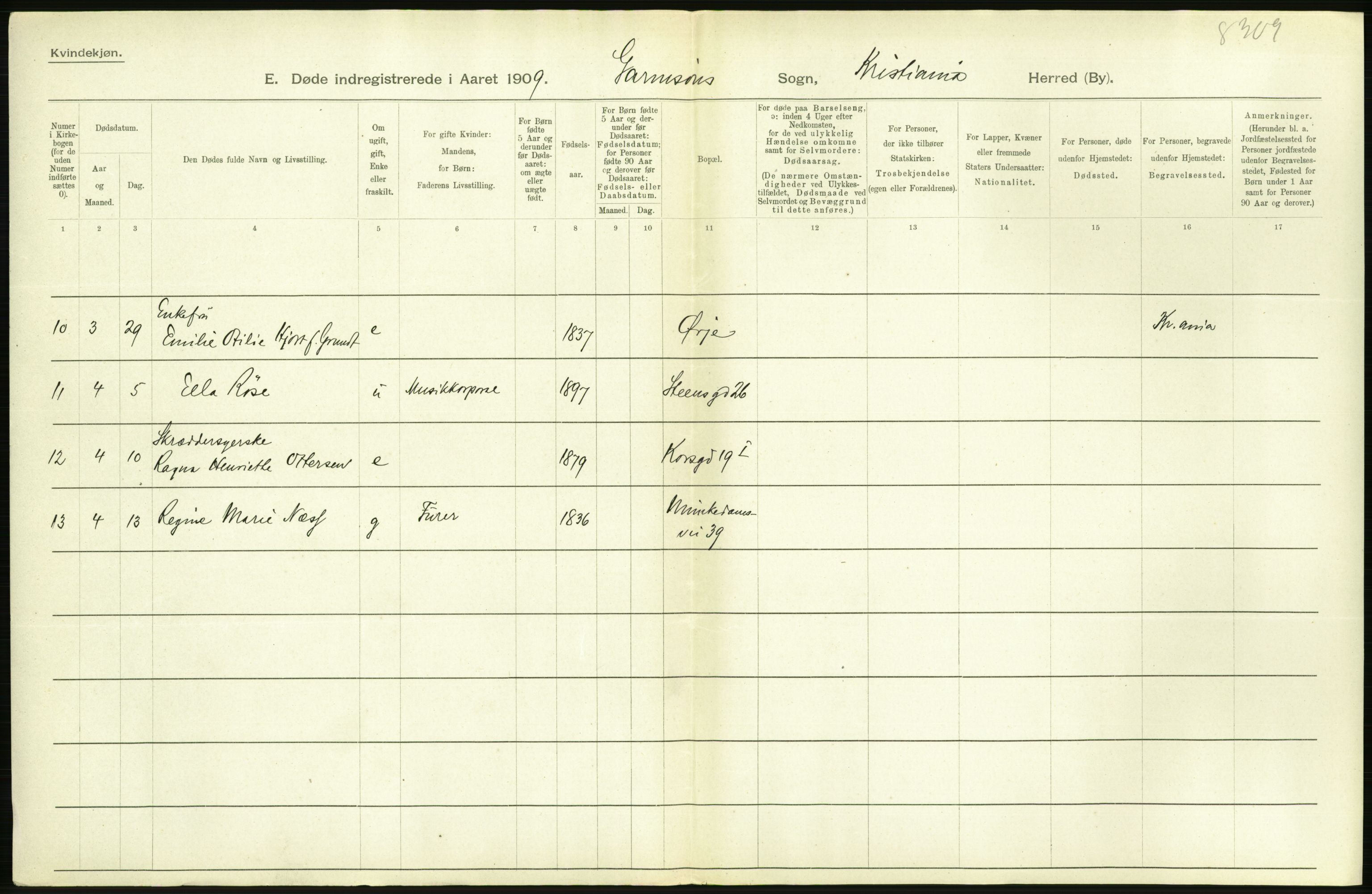 Statistisk sentralbyrå, Sosiodemografiske emner, Befolkning, RA/S-2228/D/Df/Dfa/Dfag/L0010: Kristiania: Døde, dødfødte., 1909, s. 202